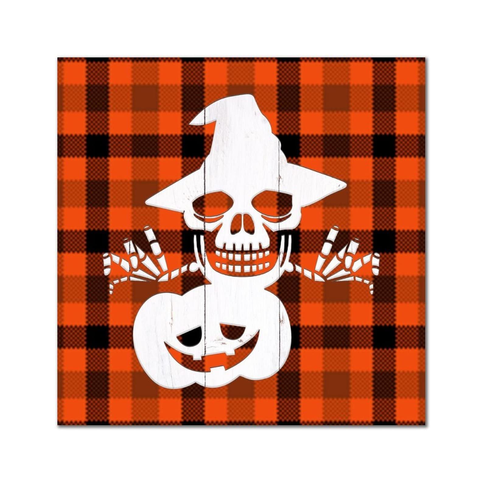 Halloween Pumpkin Witch Skull Wood Sign Orange Buffalo Plaid Plaque Scary Halloween Farmhouse Woodshop Garage Wall Decorative For Kitchen Living Room Bedroom Home Housewarming Gift 12x12in