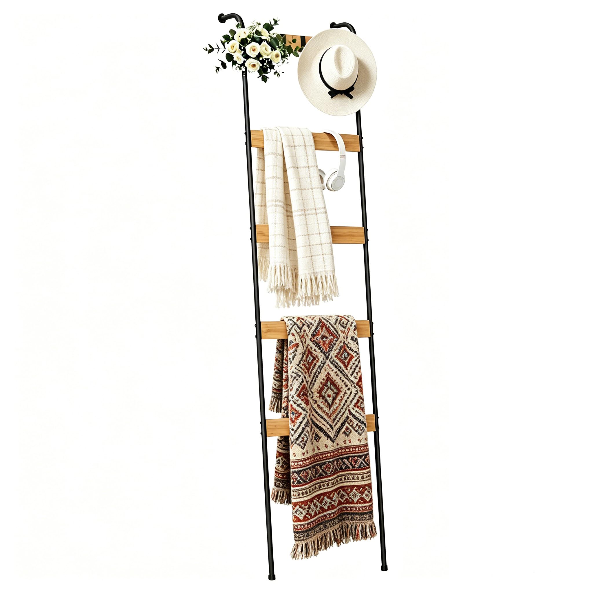 Towel Ladder 5-Tier, Bamboo Towel Rack with 10 Hooks,Rustic Decorative Wall Leaning Ladder shelf for Bathroom Bedroom, Freestanding Towel Rack for Blankets Storage