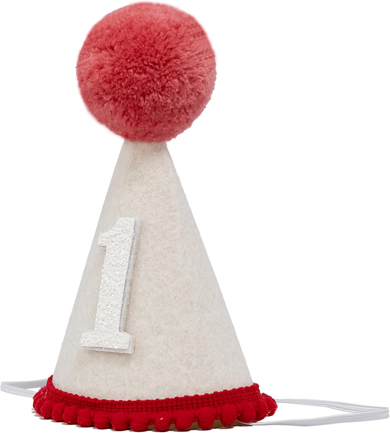 First Birthday Party Hat, White Felt with Red Pom Pom, Glitter Number 1, Special Occasion Celebration Accessory - Image 2