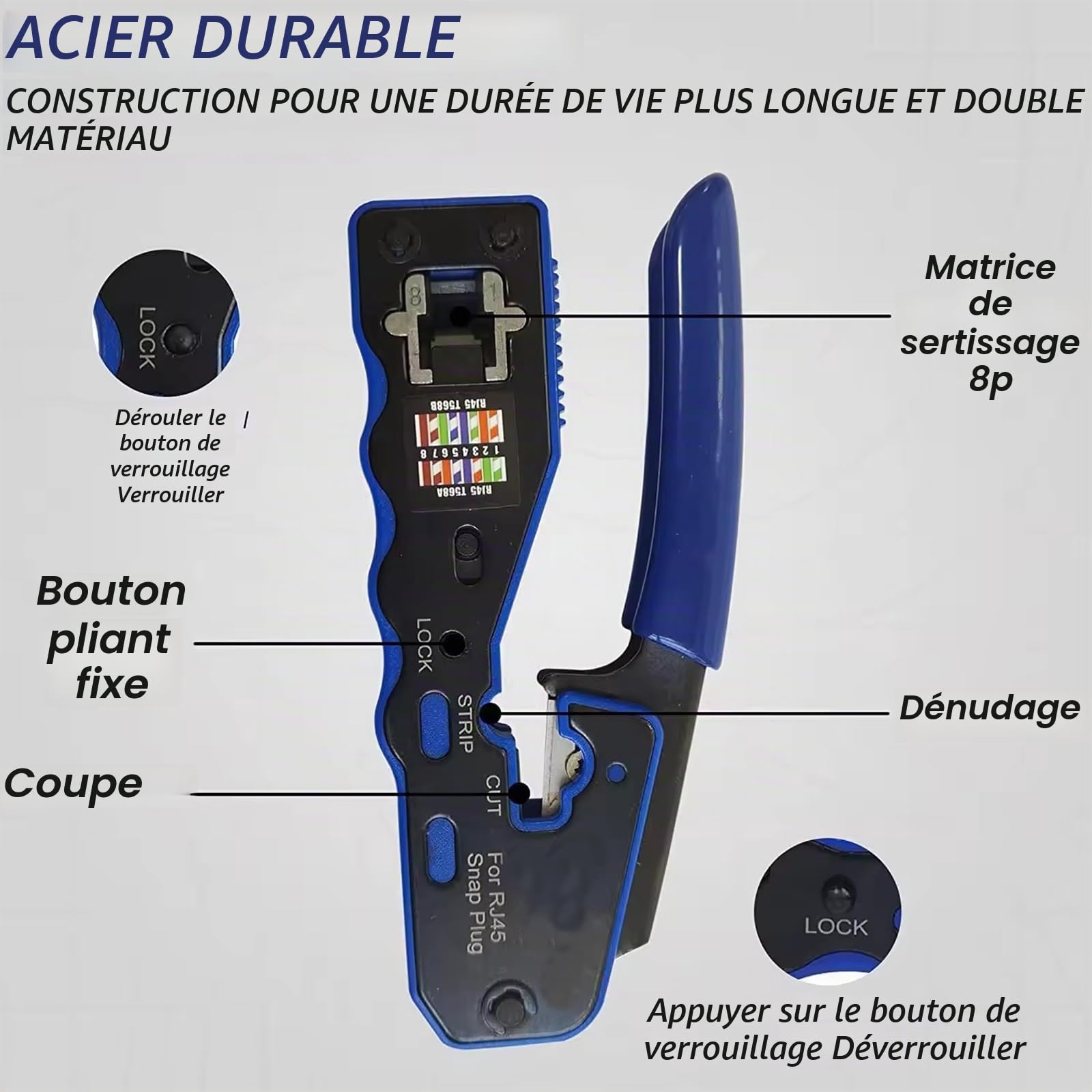 NEWFUN Pince RJ45, Pince à sertir RJ45, testeur RJ45, Testeur de Réseau, Pince à dénuder, Installation Professionnelle de Réseau, Cat5 Cat5e Cat6 Kit d'outils de Sertissage, 20 x Connecteurs RJ45
