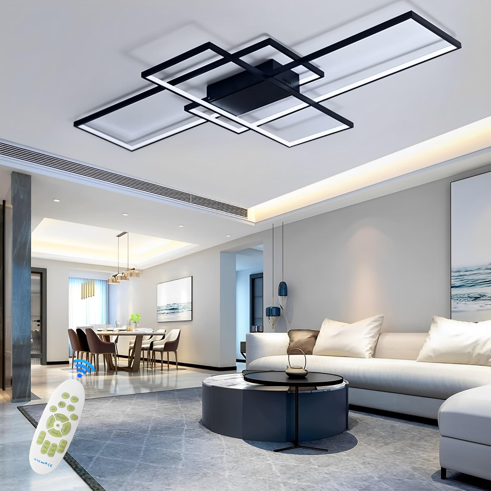 Moderna lámpara LED de Techo Para Salón, 65W Regulable Iluminación de Techo, Diseño Cuadrado Lámpara de Comedor con Mando a Distancia, Luz de Techo Interior Oficina Lámpara Colgante, Negro, 80cm
