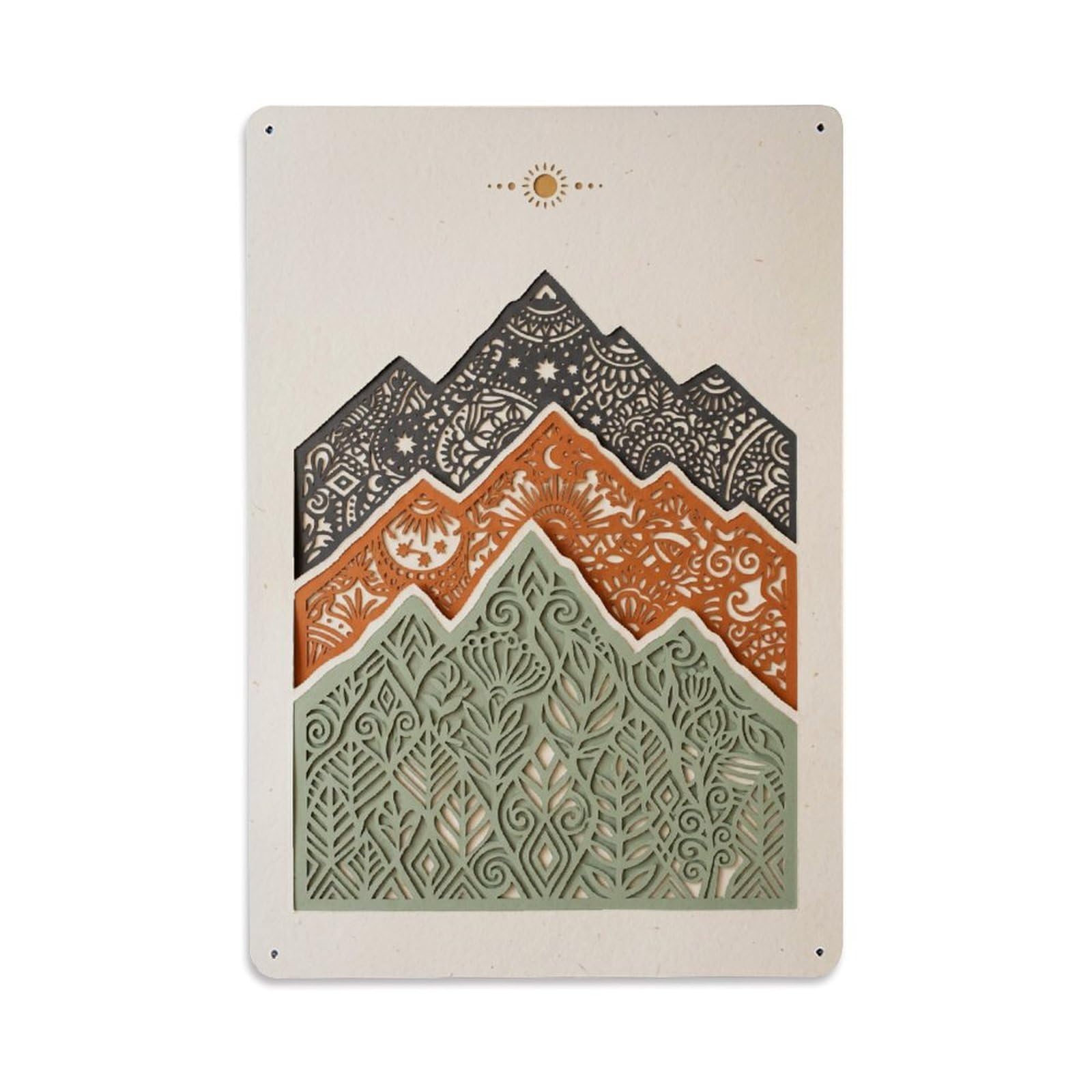 Bohemian Abstract Green Mountain Cutout Metal Tin Sign Plaque Wall Decor for Cafe, Club Bar, Office, Home Garden Metal Poster 8x12Inch
