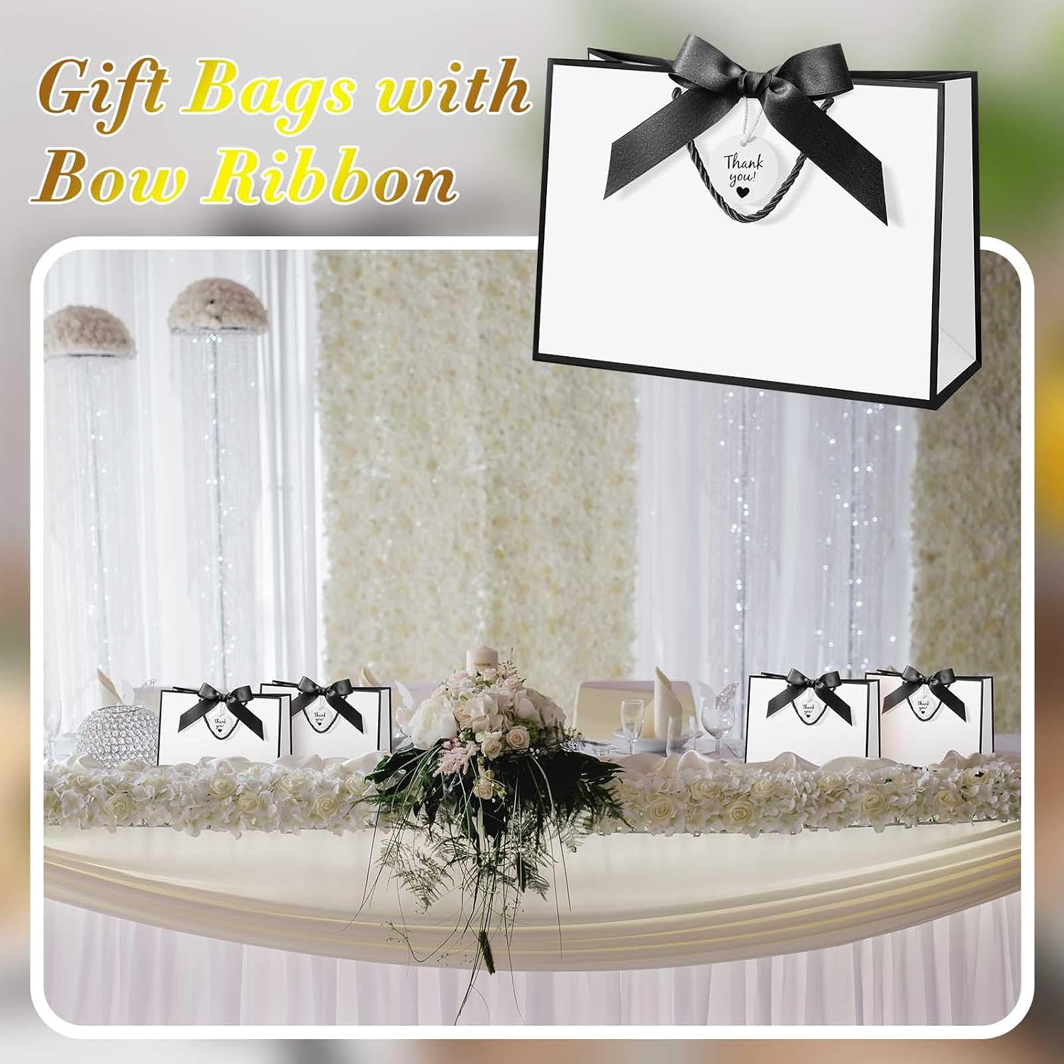 Locmeo 20 Sets Large Black and White Gift Bags with Thank You Cards, 11 x 4 x 8 Inch Paper Gift Wrap Bags with Bow Ribbon and Handle for Wedding Birthday Party Baby Shower Holiday(Black and White)