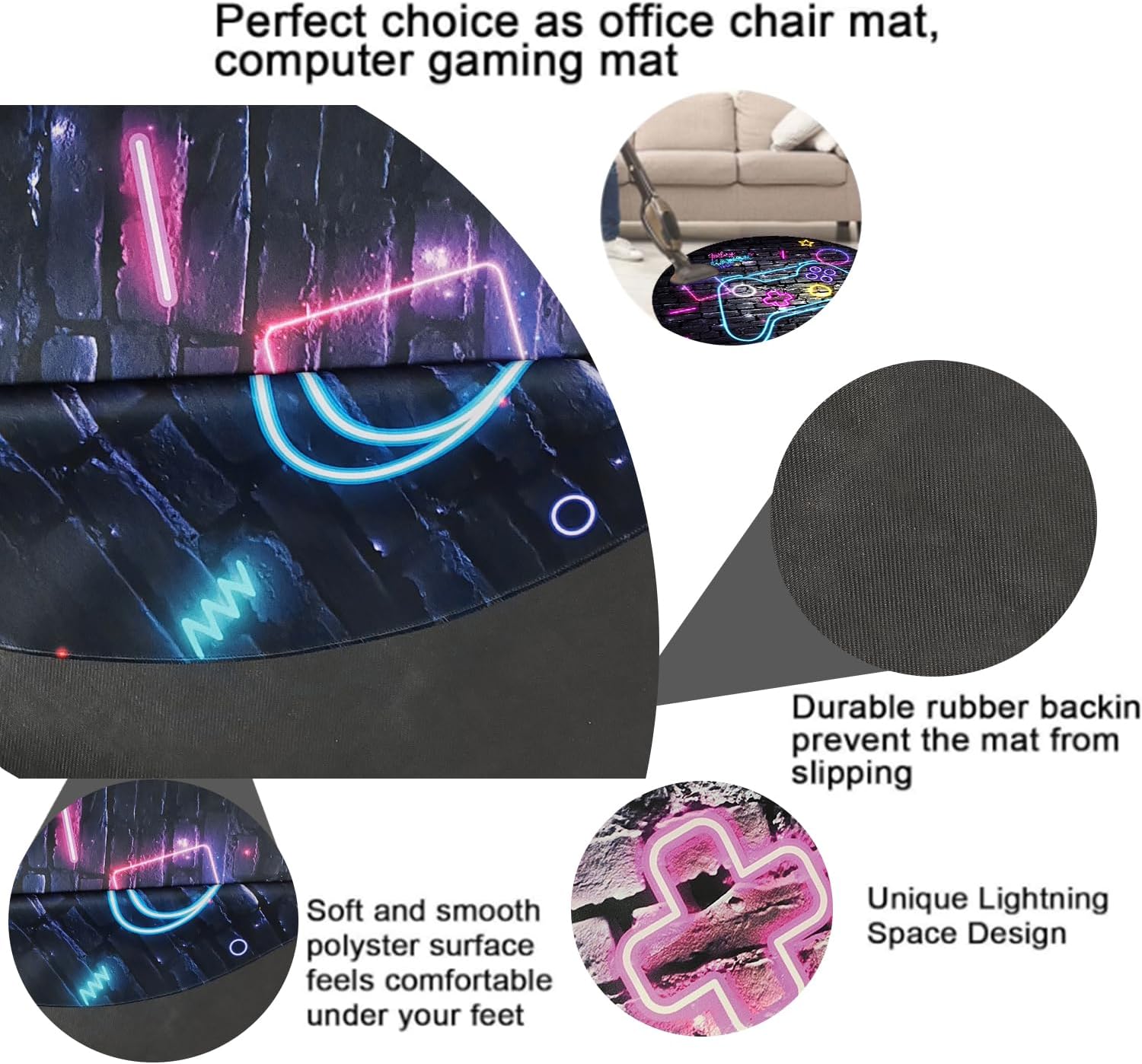 Blue Purple Gaming Chair Mat for Hardwood Floor Anti-Slip, Brick Wall Neon Graffiti Gamer Round Office Computer Carpet for Teen Bedroom Decor, Office Gaming Room, Round 47"
