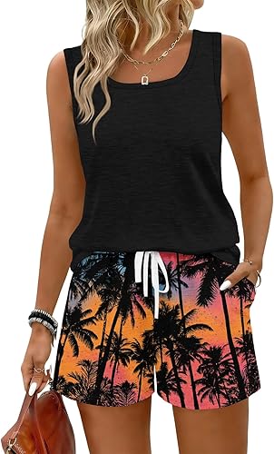 Two Piece Sets For Women Summer Beach Vacation Outfits Flowy Sleeveless Tank Sco