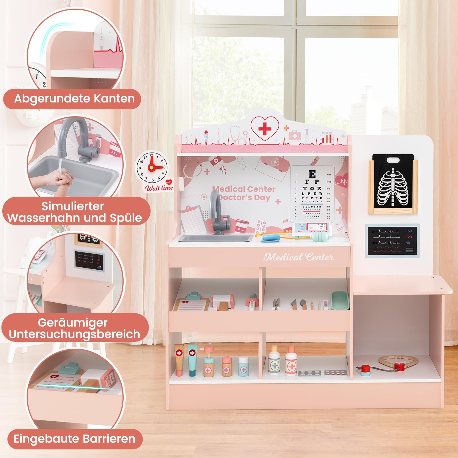 DREAMADE Krankenhaus Spielset, Arztkoffer Kinder aus Holz mit 24 Zubehörteilen, Stethoskop, Blutdruckmessgerät & Spüle, Arzt Rollenspielzeug für Kinder ab 3 Jahren (Rosa)