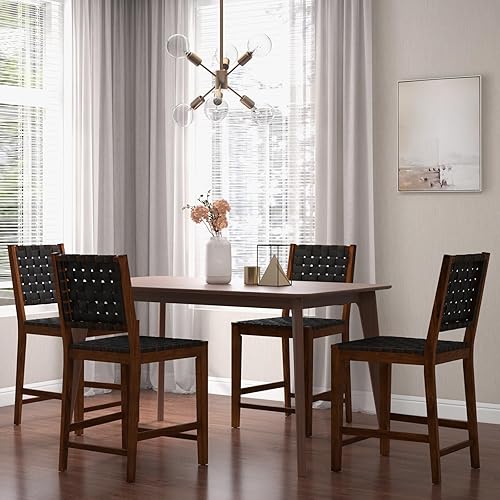 Miniatura 4 de COSTWAY Juego de 2 taburetes de bar tejidos de 24 pulgadas, sillas de bar de altura de mostrador con respaldo alto, reposapiés, taburetes de bar de