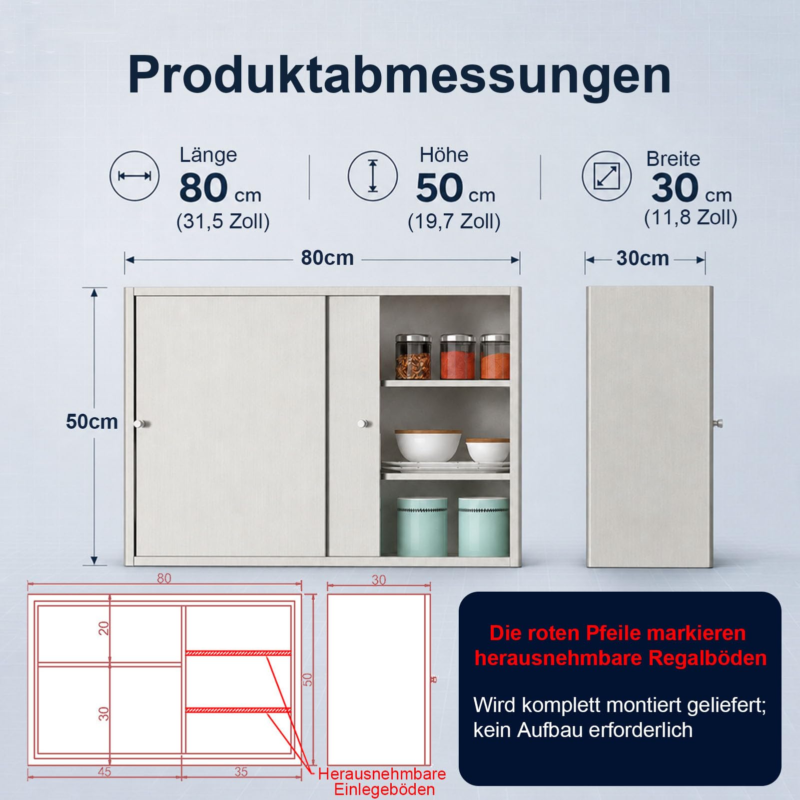 HJZALMI Wandhängeschrank aus Edelstahl, Tragfähigkeit bis 50 kg montagefrei | mit 2 Schiebetüren und herausnehmbaren Einlegeböden, geeignet für Küche, Bad, Garage, Lagerhalle und Balkon