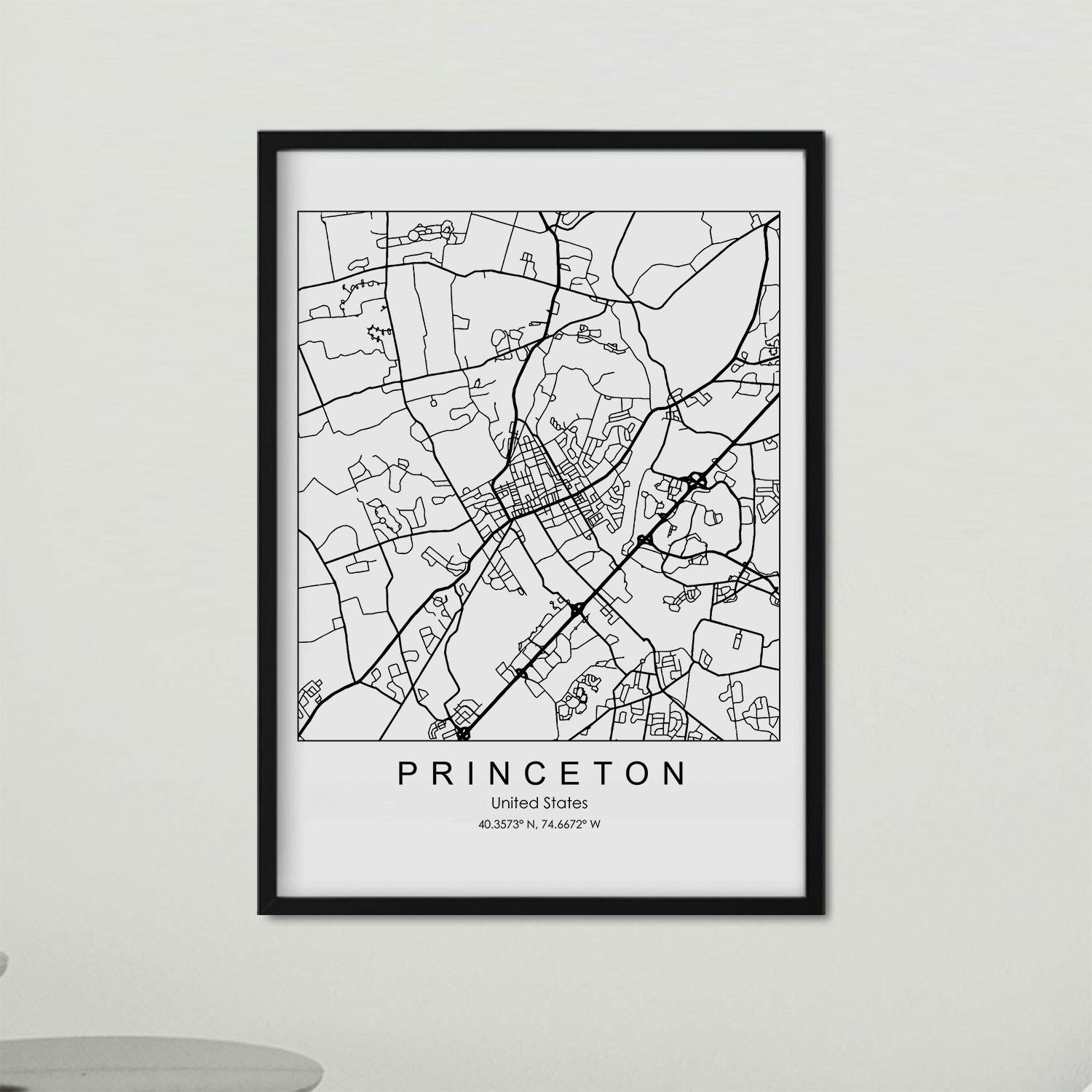 Nacnic Poster with map of Princeton. US film with images of maps and roads of major US cities. A3 size