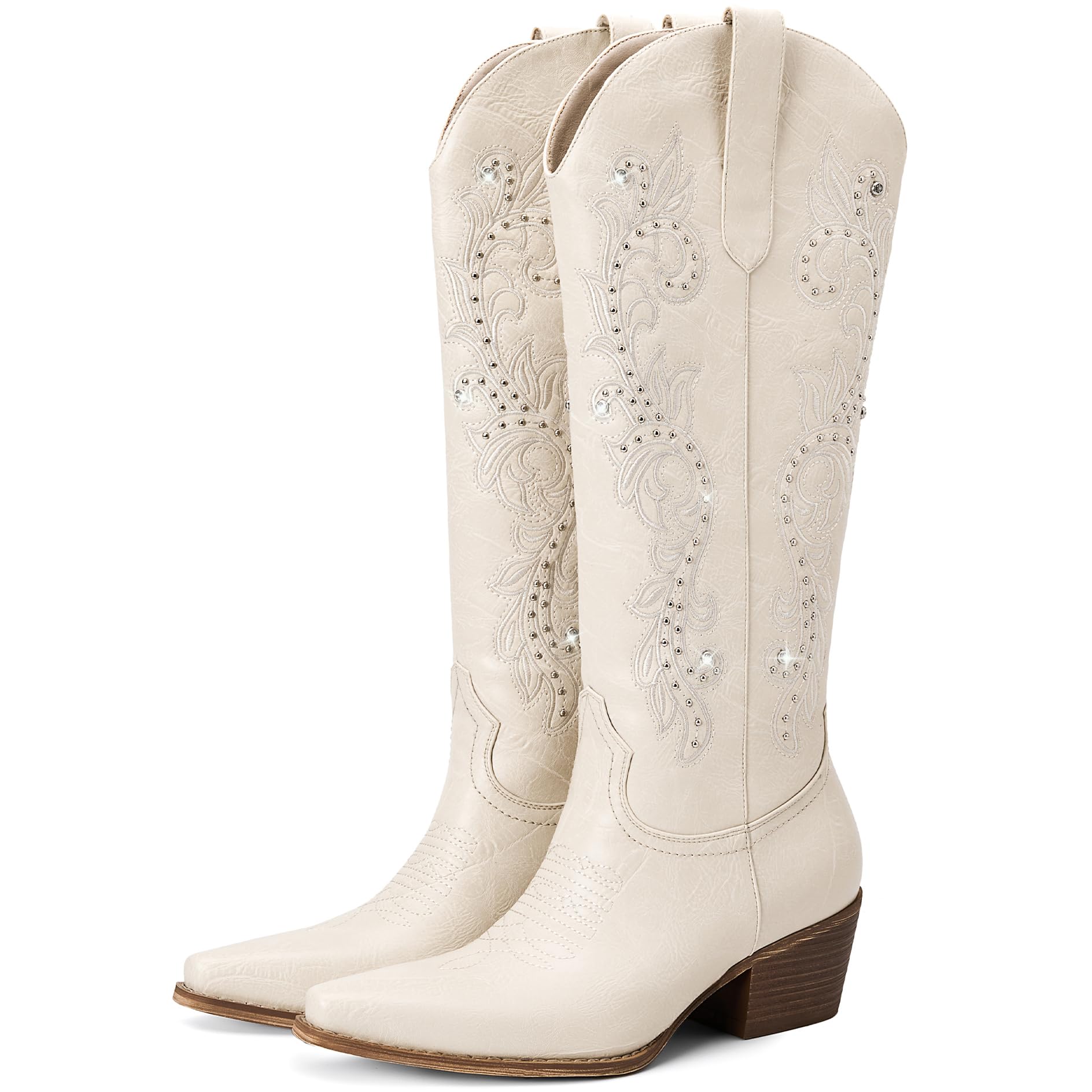 Cowboy Boots for Women Wide Calf Cowgirl Boot Embroidered Western Square Toe Chunky Heel with Studs Pull On