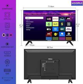 KOORUI Roku TV 32 Smart TV, 32 Inch HD TV with Apple TV+ Netflix Freeview, DVB-T2/T Dolby Audio HDMI USB Television, Small TV for Small Lounge Bed Room