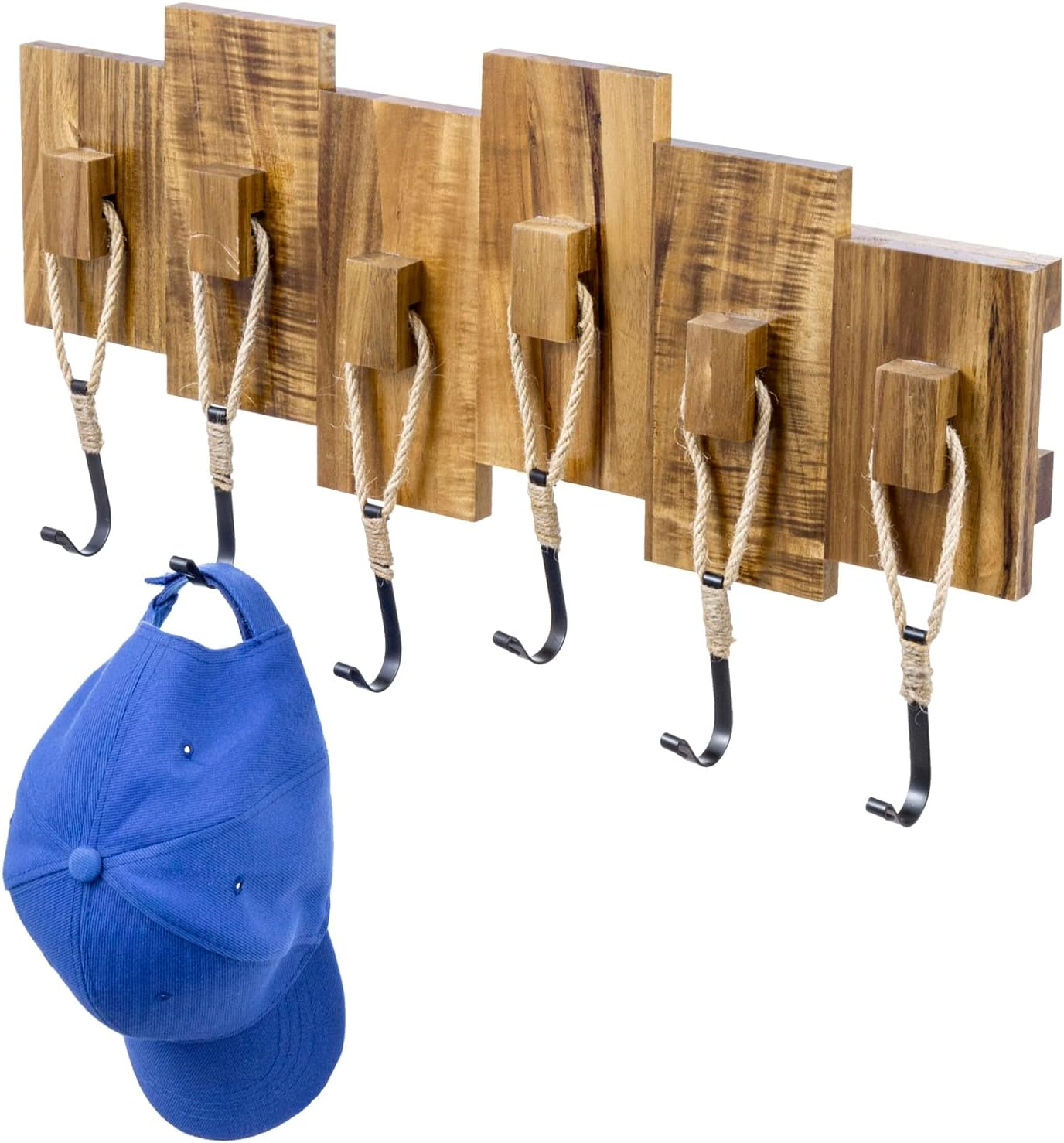 MyGift 6 Hook Wall Mounted Torched Wood Entryway Coat and Hat Rack, Decorative Nautical Style Rustic Rope Metal Hanging Storage Hooks on Offset Wooden Planks