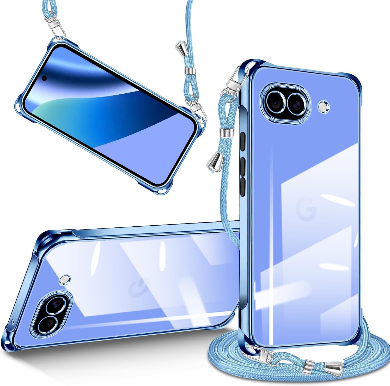 tuulaasii For Google Pixel 10a 用 ケース クリア ショルダー スマホケース ピクセル10A カバー 肩掛け 縄掛けケース 透明 TPU 薄型 耐衝撃 携帯ケース 紐付き 斜めがけ ストラップ着脱可 織りストラップ付き ネックストラップ 縦/横 2WAY 長さ調整可能 取り外し可能 落下防止 紛失防止 かわいい おしゃれ 女性 男性 (ブルー)