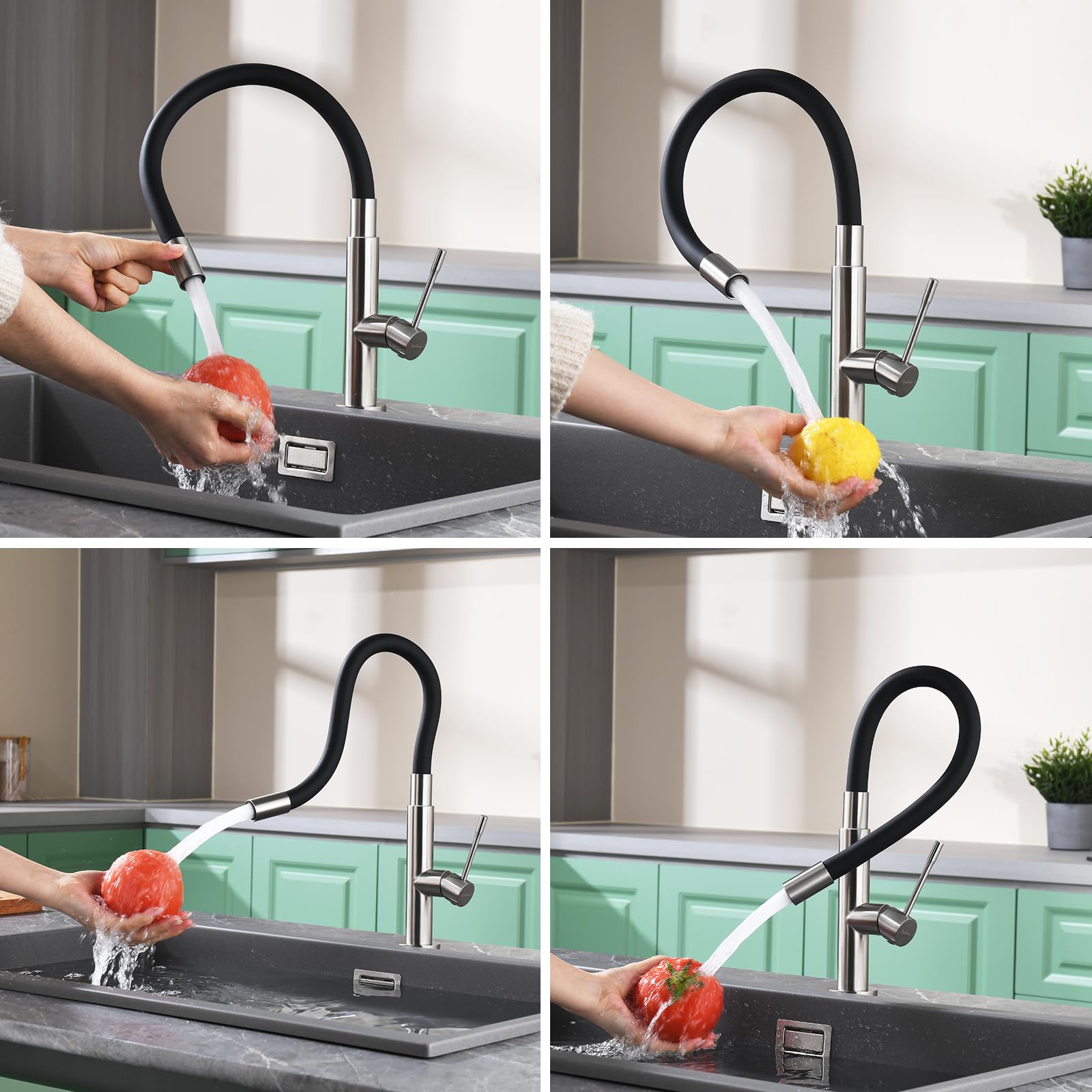 Wasserhahn Küche mit 360° Schwenkbarer Flexibler Auslauf, Hoher Bogen Hochdruck Küchenarmatur Edelstahl Spültischarmatur Küchenspüle Armatur mit Brause Armatur und Mischbatterie-Langlebig(Gebürstet)