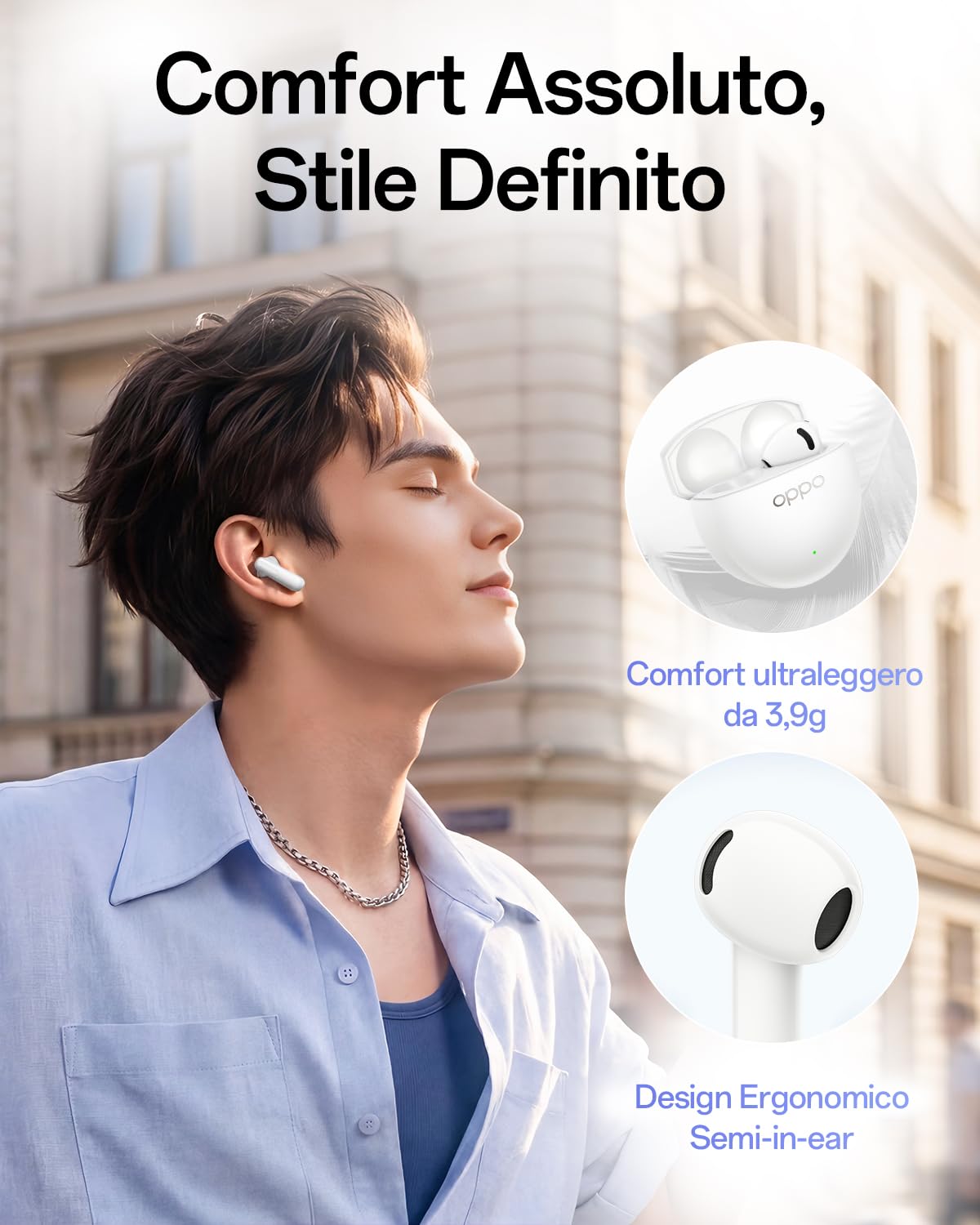 OPPO Enco Air5s Auricolari wireless semi-in-ear con cancellazione rumore adattiva, tre microfoni per chiamate IA nitide, Bluetooth 6.0, autonomia totale 48 ore con custodia ricarica, Lunar White