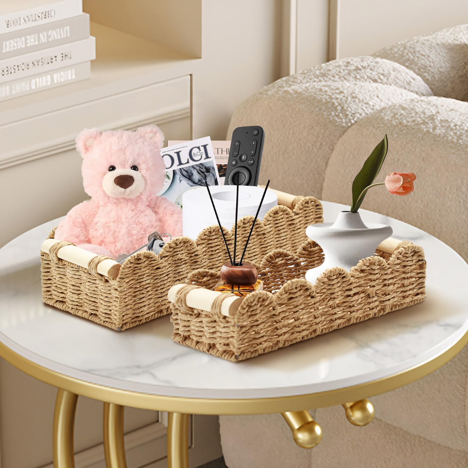 2 Pezzi Cestini Portaoggetti Cesto Vimini, Cestino Porta Carta Igienica Intrecciata con Manici in Legno, Scatola Contenitore Organizer Decorazioni per Cucina Bagno Ufficio Scaffale