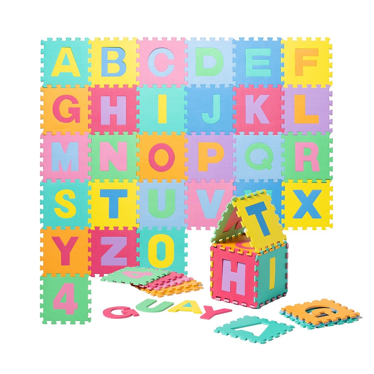ATAA Alfombra niños Puzzle 30x30x1cm - 86 Piezas (Puzzle), Protector de Suelo para bebé con Alfabeto y número, Suelo Blando Infantil de Colores montable y Desmontable