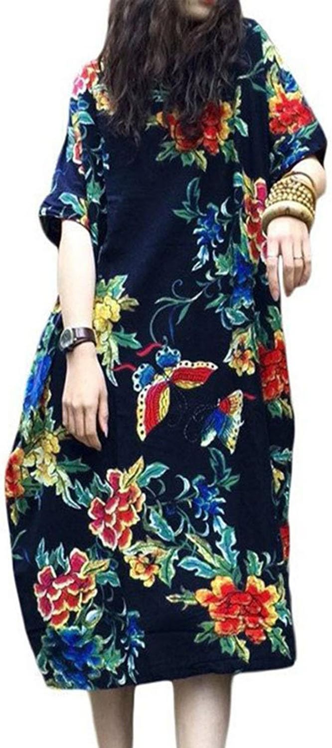 LVCBL Women Summer Casual Plus Size Floral Print Short Sleeve Linen Mini Party Dress Navy L