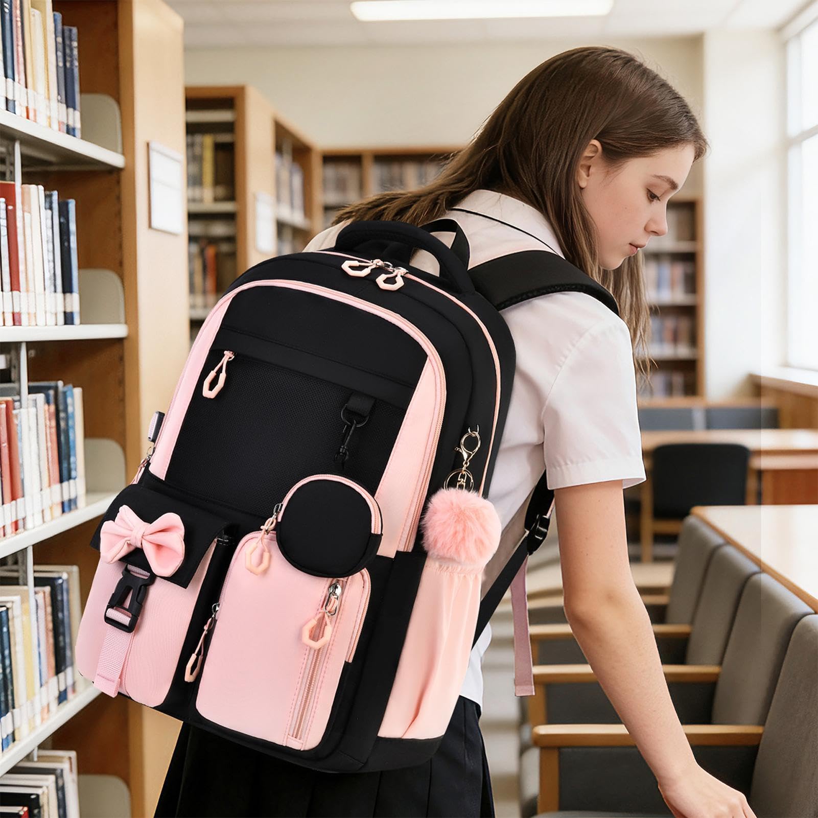 Mädchenschulrucksäcke 3-teiliges Reiseset mit Brotdose und Federmäppchen | Leichter Schülerrucksack für Wasserflasche, Schulbücher, Wochenendausflüge, Reisen und