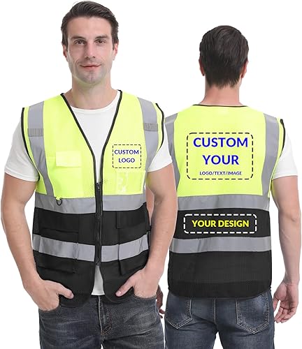 BeautyWill Chaleco de malla de seguridad personalizado, chaleco reflectante con logotipo clase 2 Hi Vis, chaleco de constucción unisex con 5