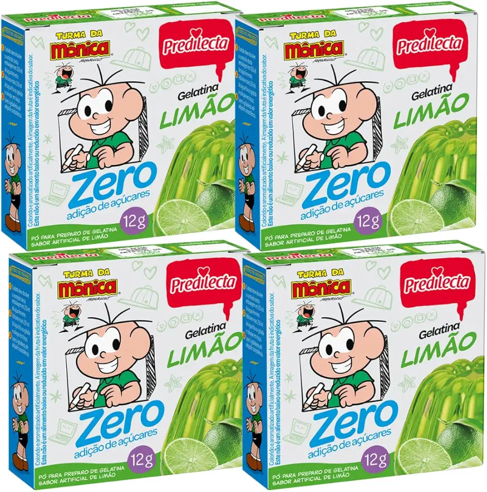 Predilecta Gelatina Zero Açúcar Sabor Limão, 12g, Pacote com 4 Unidades