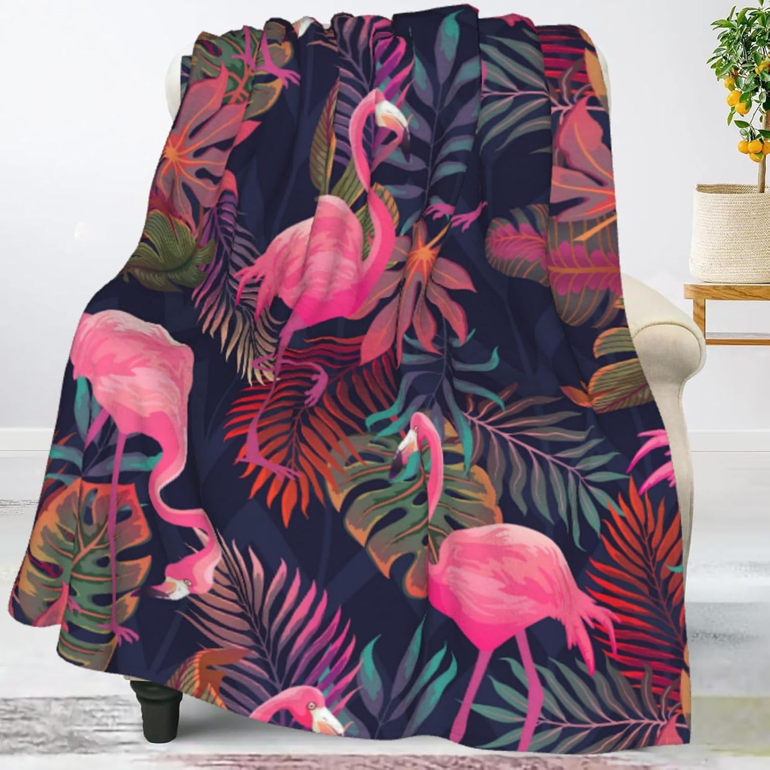 Perinsto Tropical Flamingos Palm Leaves Throw Blanket Ultra Soft Warm All Season Decorative Fleece Blankets for Bed Chair Car Sofa Couch Bedroom 80"X60"
