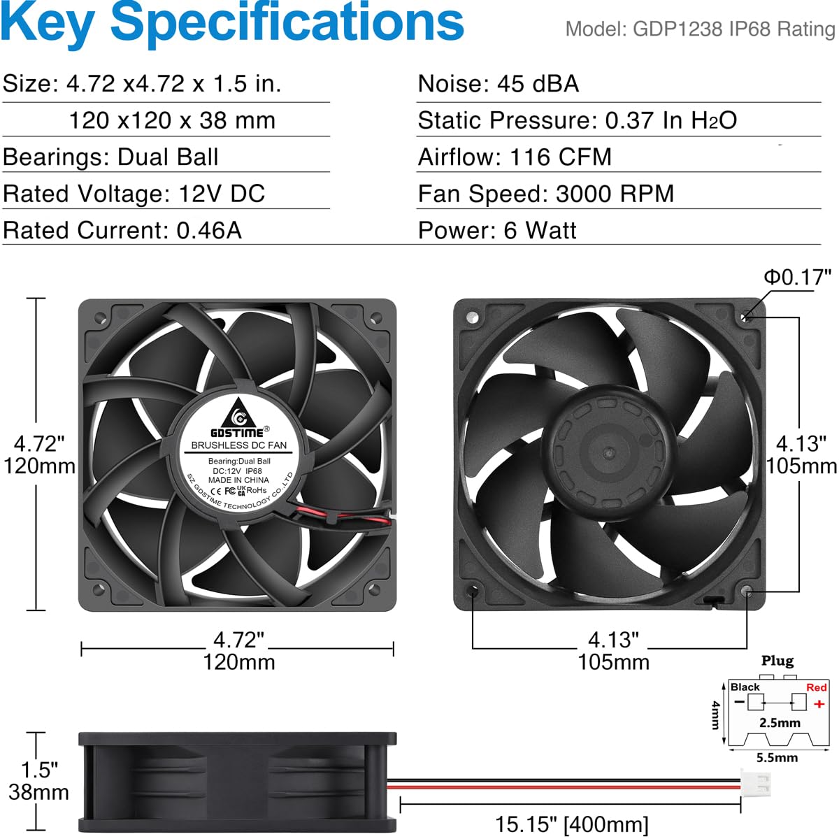GDSTIME 120mm x 38mm 12V DC IP68 Waterproof Fan, High Speed Dual Ball Bearing Brushless Computer PC Case Exhaust Cooling Fan 2Pin for RV Refrigerator Solar Battery Box Ventilation, 2 Pack