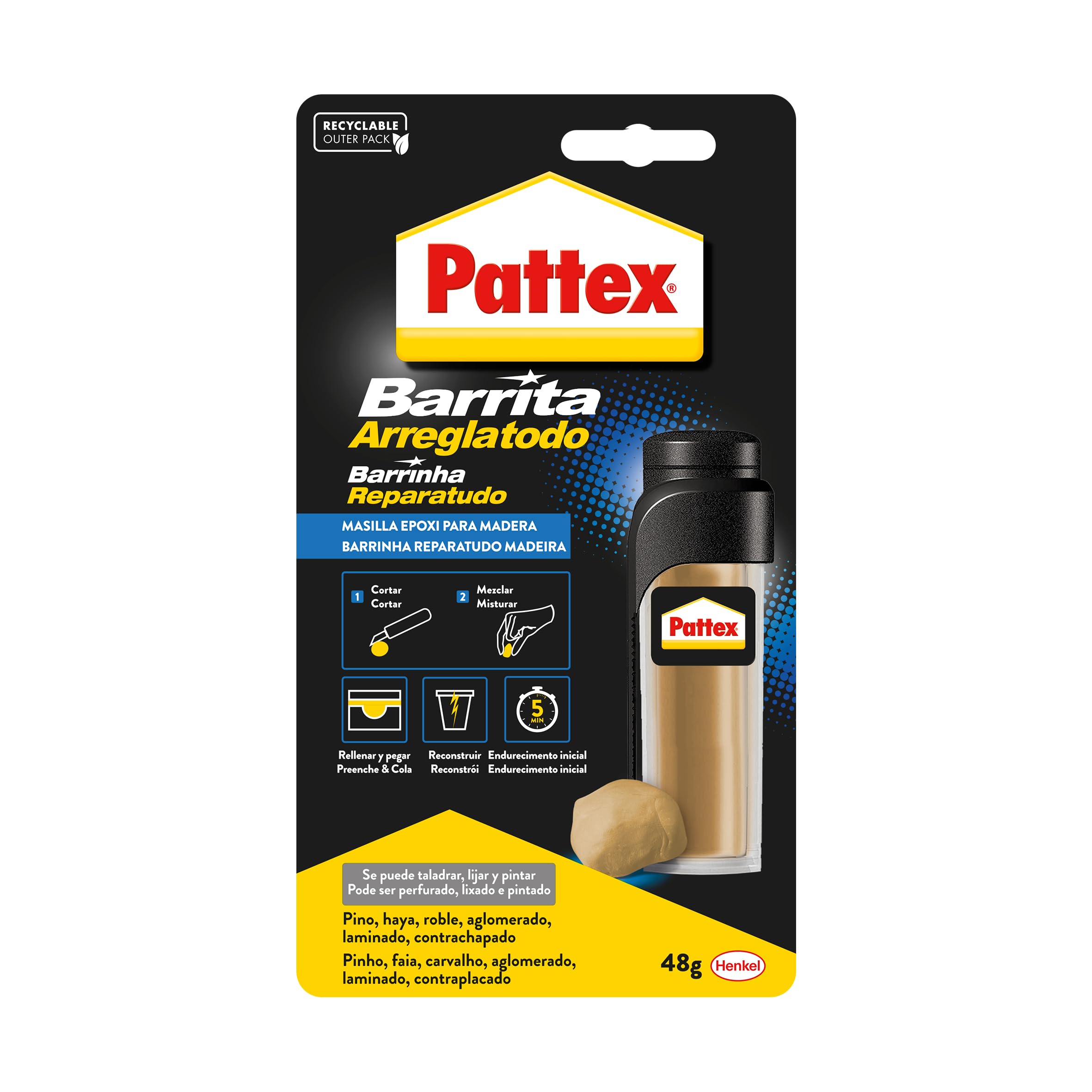 Pattex Barrita Arreglatodo, masilla bicomponente especial madera, pasta moldeable para pegar y reparar, resina epoxi barnizable y lijable para varias maderas, tubo 48 g