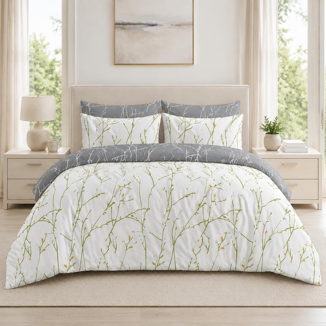 Double Duvet Set Premium Printed Reversible Floral Design Soft Brushed Microfibre Bedding Quilt Double Duvet Cover Set with Pillowcases Easy Care Machine Washable (Double, White Branches)