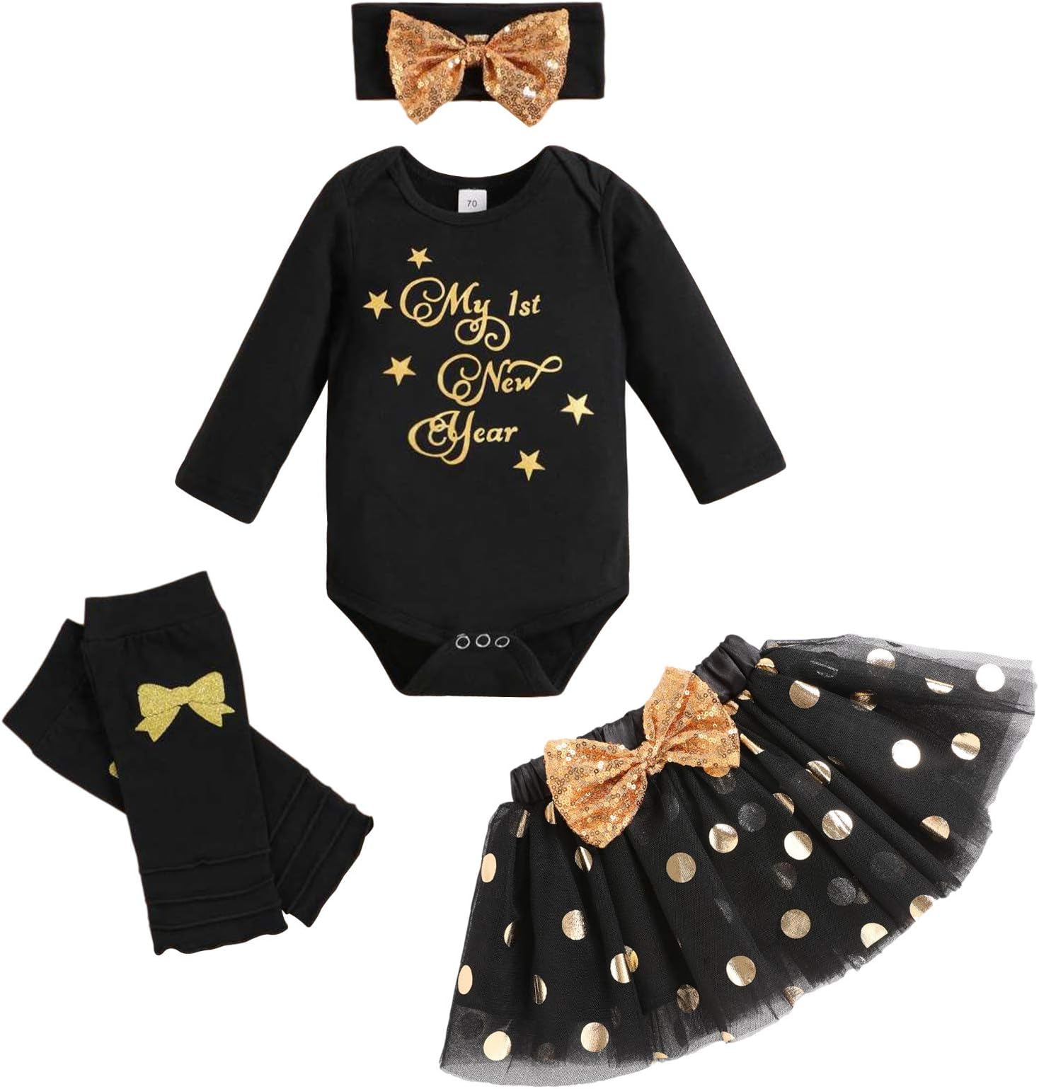 Newborn Baby Girl My First New Year Skirt Sets Long Sleeve Romper Tutu Skirt with Headband and Leggings 4Pcs Clothes Sets
