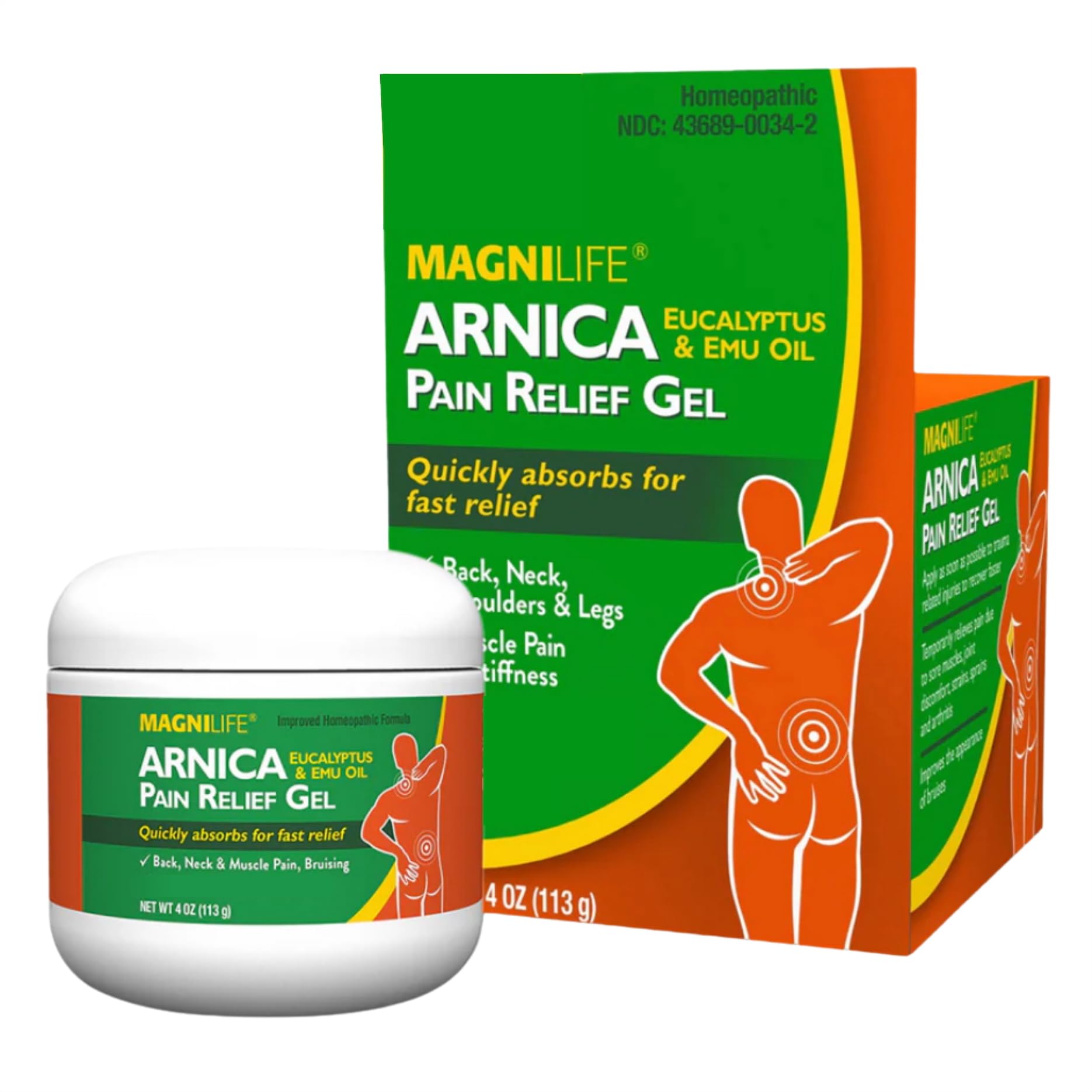 MagniLife Arnica Pain Relief Gel, 4 Oz, Fast-Acting Neck &amp; Back Pain Reliever with Eucalyptus &amp; Emu Oil, Helps Soothe Soreness, Ease Stiffness, Bruising &amp; Discomfort, No Alcohol &amp; Dyes