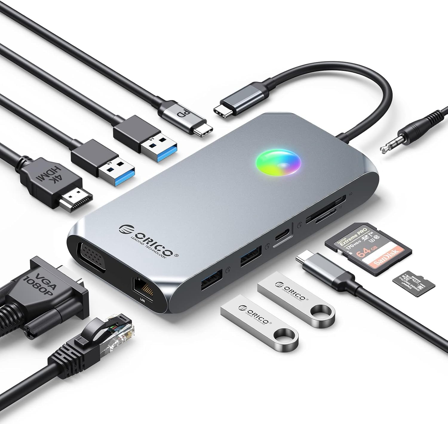 Docking station USB HUB, ORICO 12 in 1 RGB USB C, adattatore 4K HDMI, 100W Power Delivery, 1 Gbps Ethernet, 4 porte dati USB 3.0, SD e TF 3.0, 1080P VGA, audio 3.5 mm, 14 tipi di illuminazione RGB