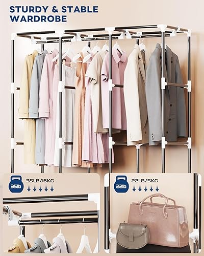 Miniatura 4 de Mavivegue Armario portátil, organizador de armario con tapa, 3 varillas para colgar y estantes, gran capacidad para dormitorio, sala de estar