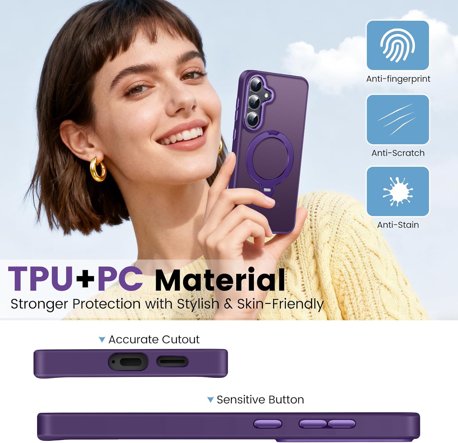 360° Spin Magnetic Ring Stand for Samsung Galaxy S25 Case, Military-Grade Drop and Shock, Supports Magnetic Charging, Translucent Matte Phone Case for Samsung S25 (Matte Purple)