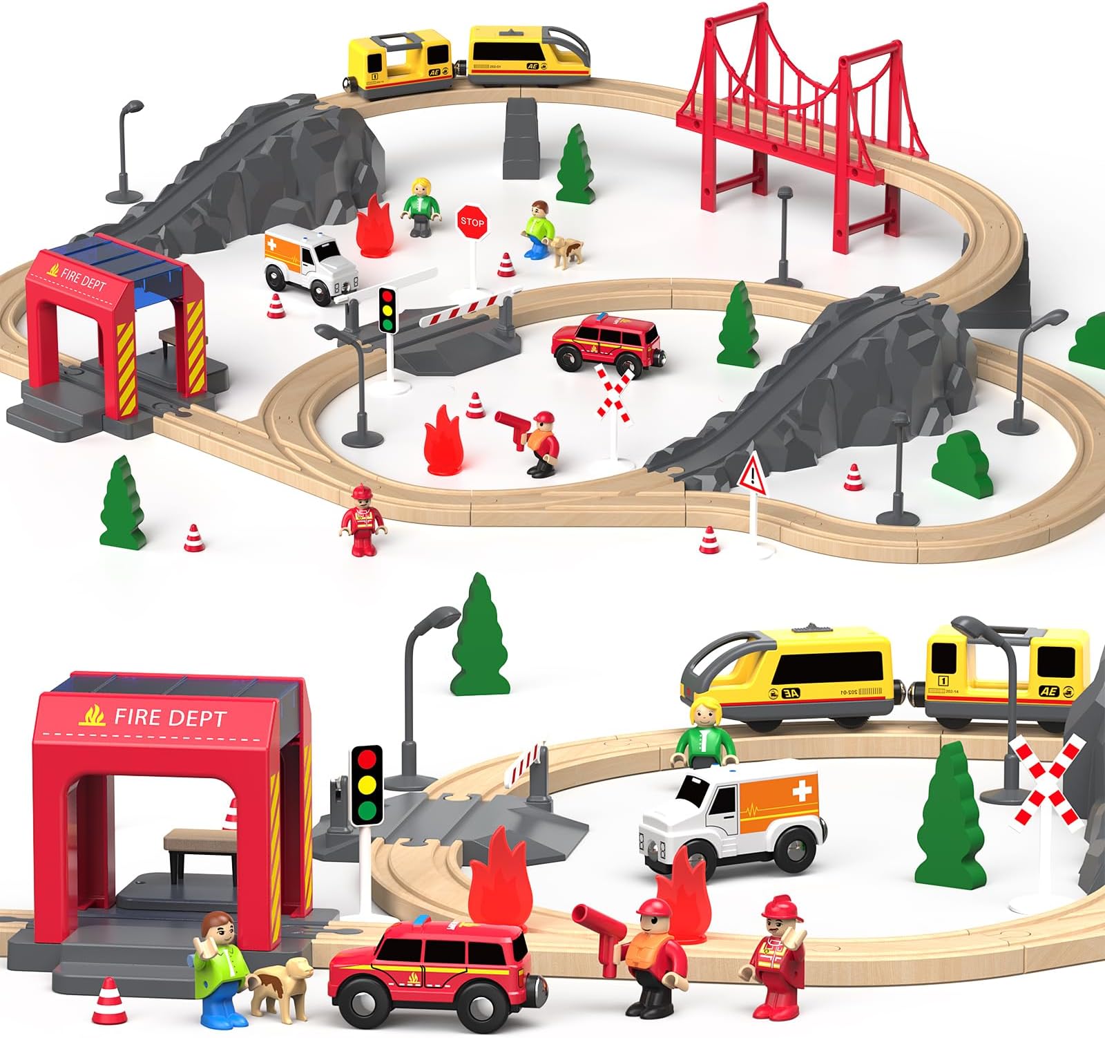 Wooden Train Set 72 PCS, Wooden Train Tracks & Train Toys, Toddler Model Train Set, Toy Railway Kit for Kids Age 3 4 5 Year Old, Gifts for Boys and Girls (Fire Station Theme)