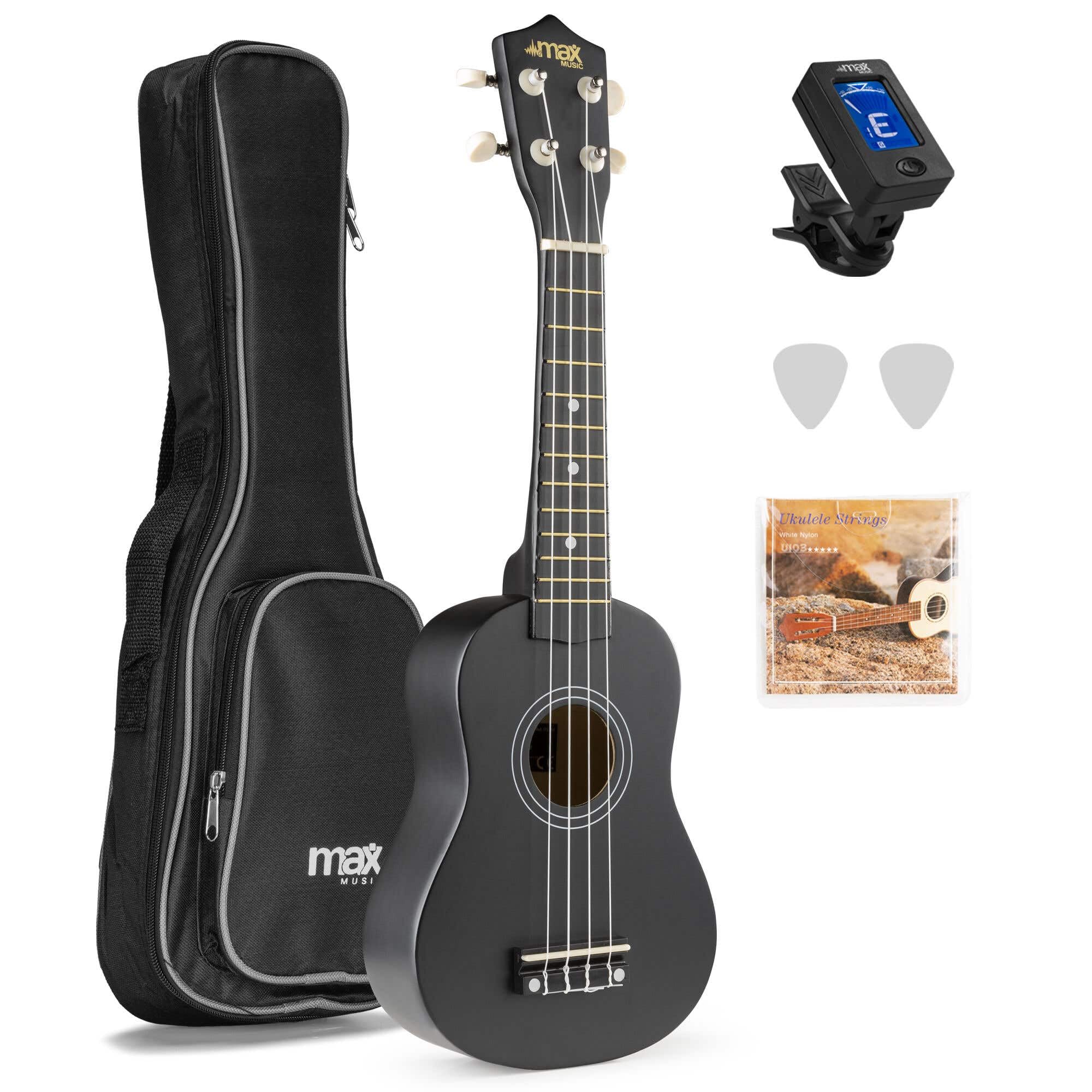 MAX UKEY Ukulele Komplett Set inkl. Plektren, digitalem Stimmgerät und Tasche, 21" mini Gitarre, Ukulele Erwachsene mit Zubehör für Anfänger, Soprano, 4 Nylon Saiten, 12 Bünde - Schwarz