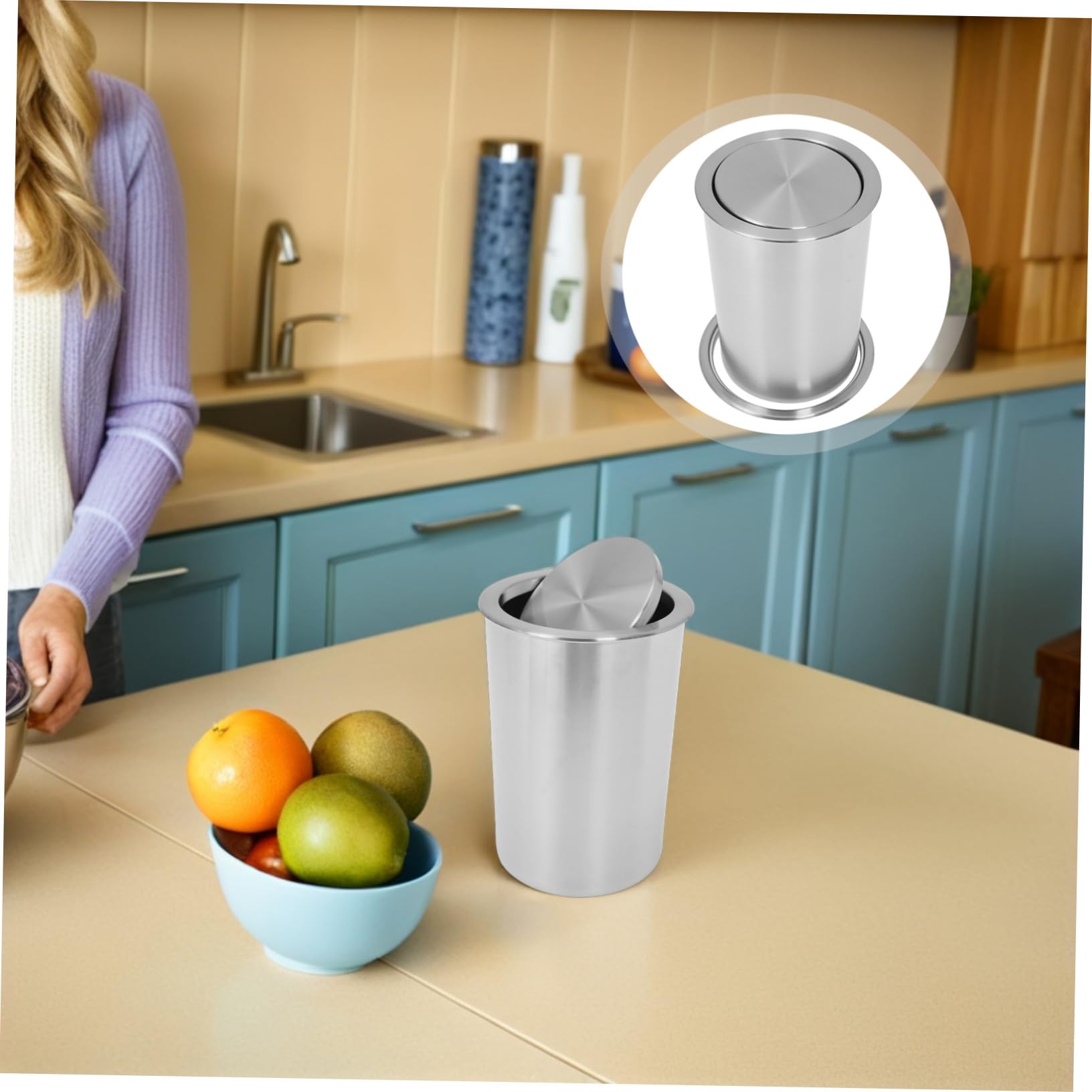 Cabilock Cubo de Basura de Acero Inoxidable Empotrado para Cocina con Diseño Ahorrador de Espacio y Tapa Abatible Redonda Moderno para Hogar y Restaurante