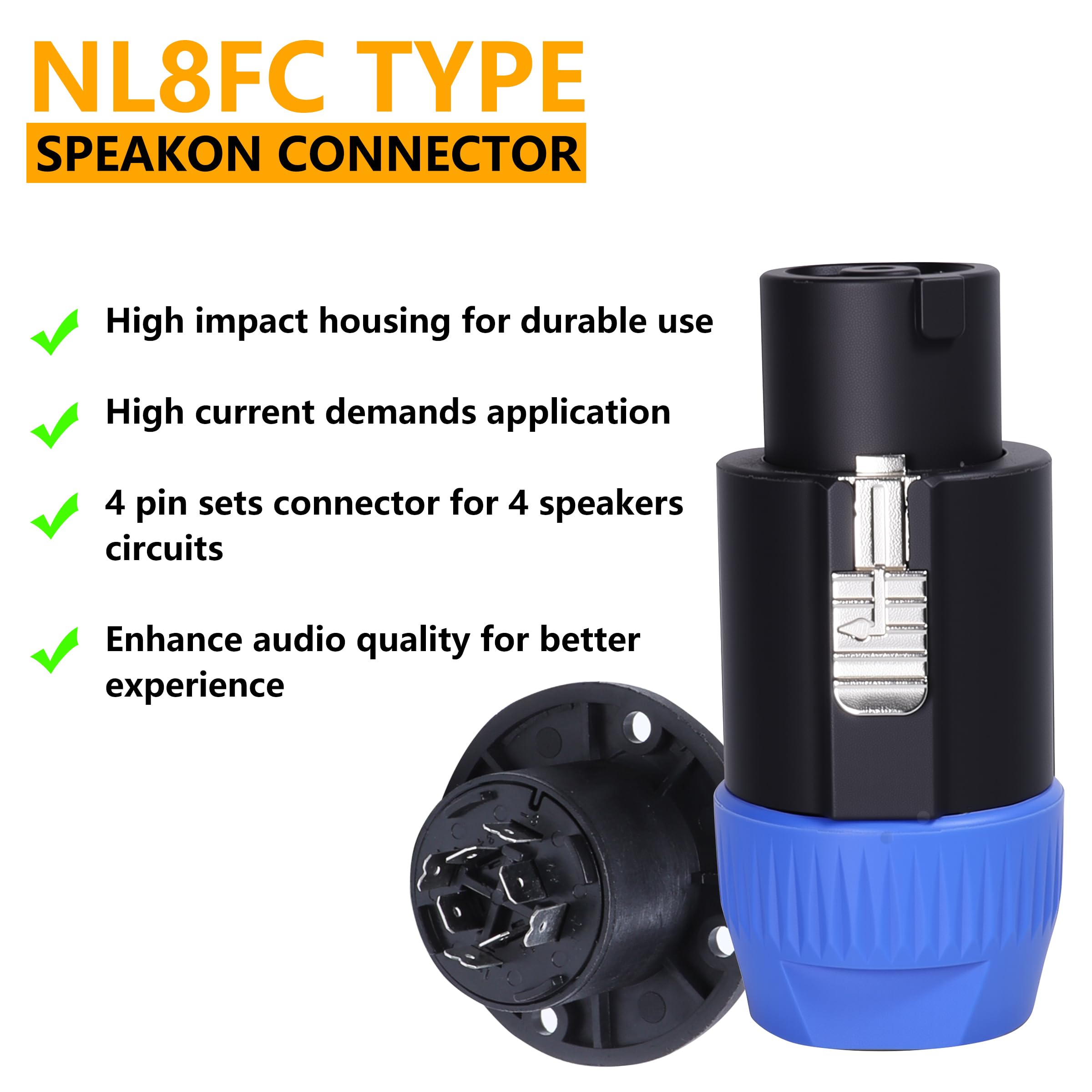 HBU Kit di spine per altoparlante amplificatore audio professionale, connettore Speakon a 4 poli e presa femmina per montaggio a pannello, compatibile con Neutrik NL4FC, NL4FX, NLT4X, NL2FC (spina a 8