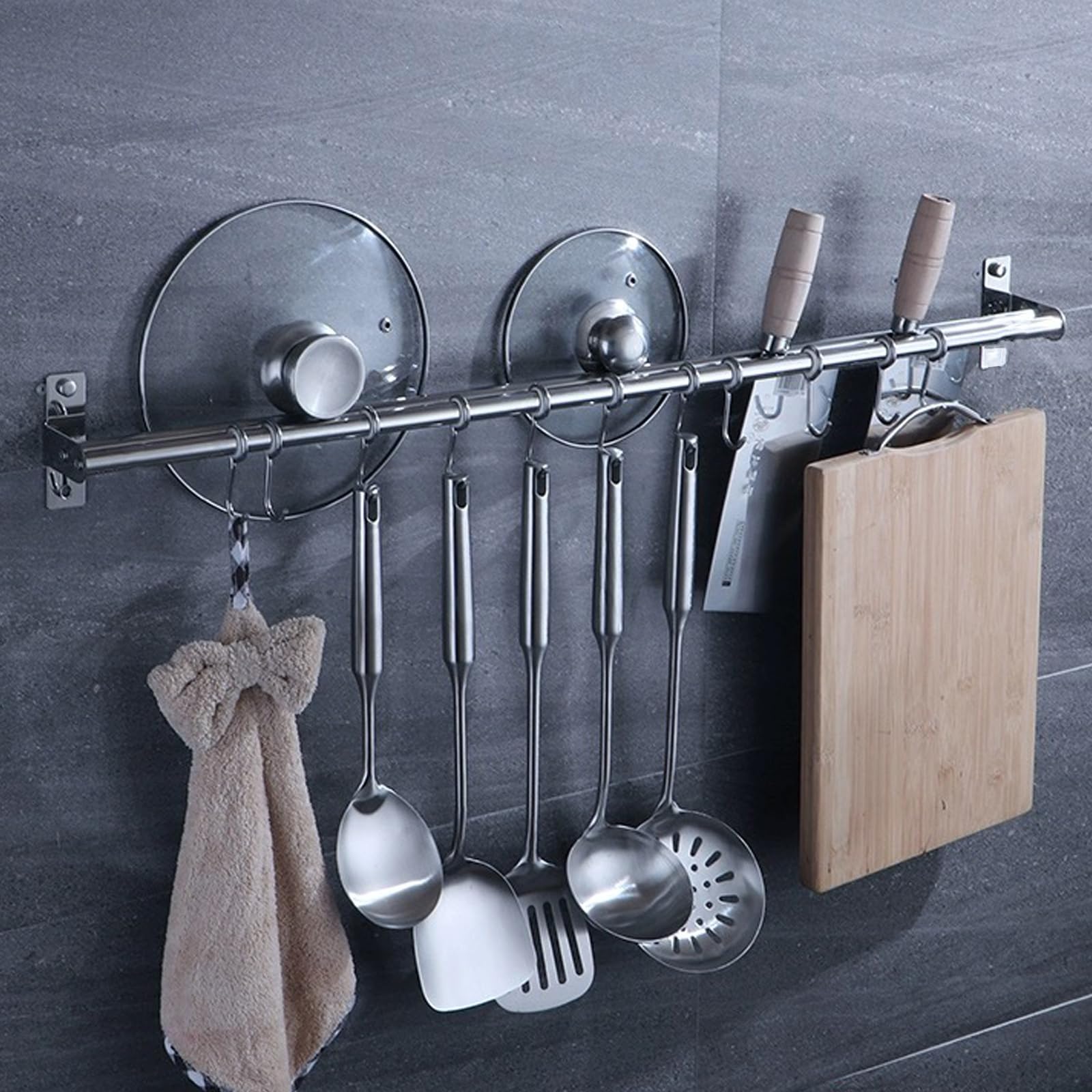 WOPPLXY 3PCS Utensil Rack with Hooks - 40cm Stainless Steel Kitchen Hanging Rail - 8 Hooks Wall Mounted Utensil Hanger Movable for Kitchen, Bathroom Storage Organise - Image 3