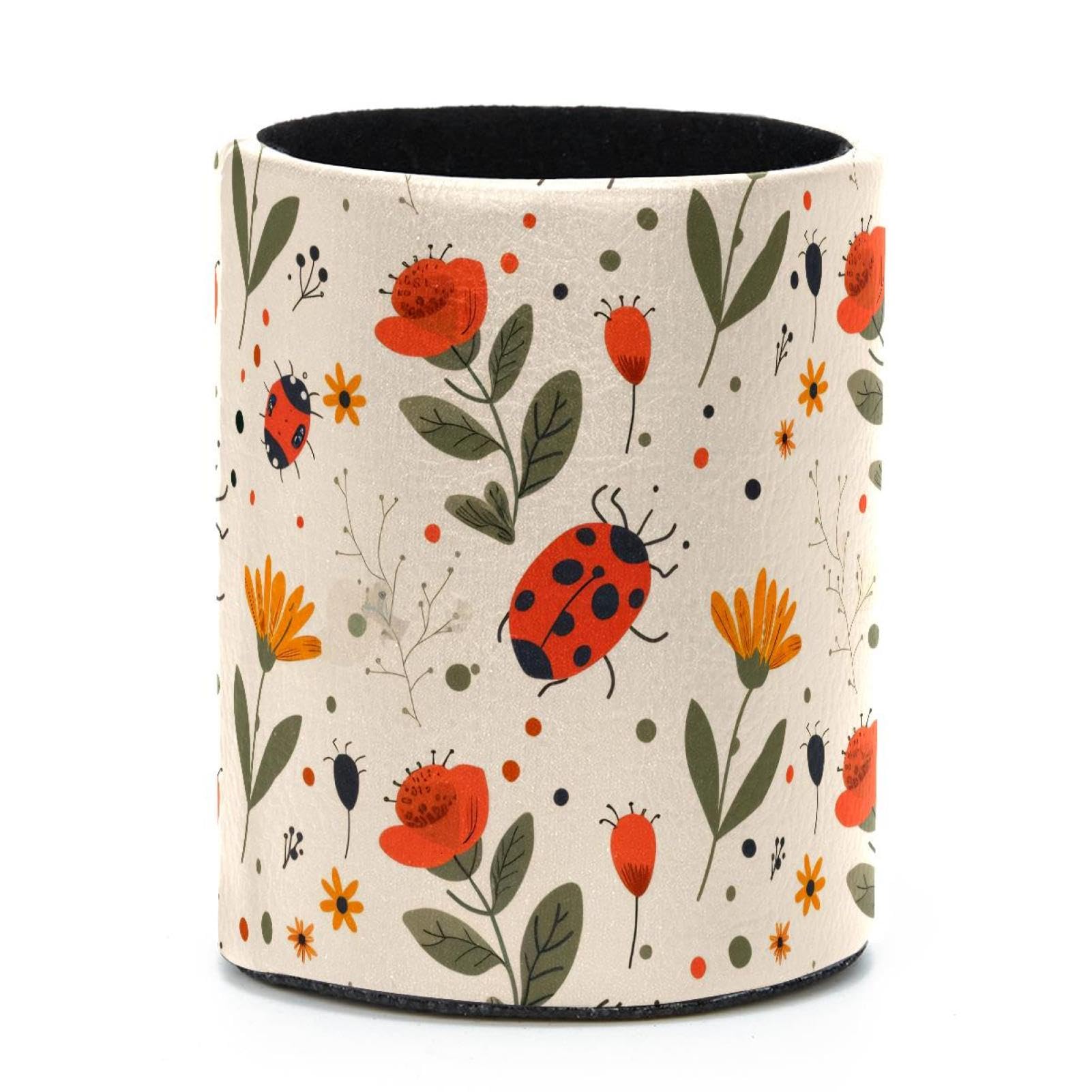 VAPOKF Round Pencil Holders for Desk, Ladybug Florals Pen Holders Pen Pot Makeup Brushes Storage Desktop Stationery Supplies Organiser for Home Office