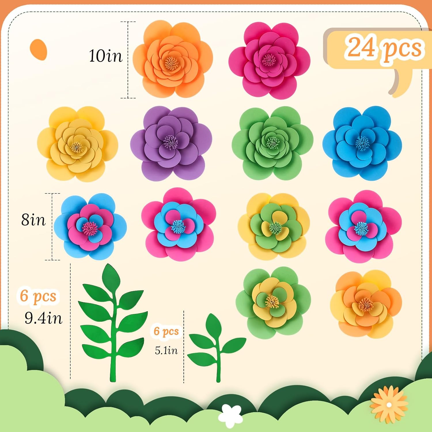 24 Pcs Large 3D Paper Flowers Decorations for Wall Bulletin Board Artificial Craft Roses with Leaves Halloween Mexican Festive Decor Backdrop DIY Handmade Craft Wedding Decor (Classic Color)