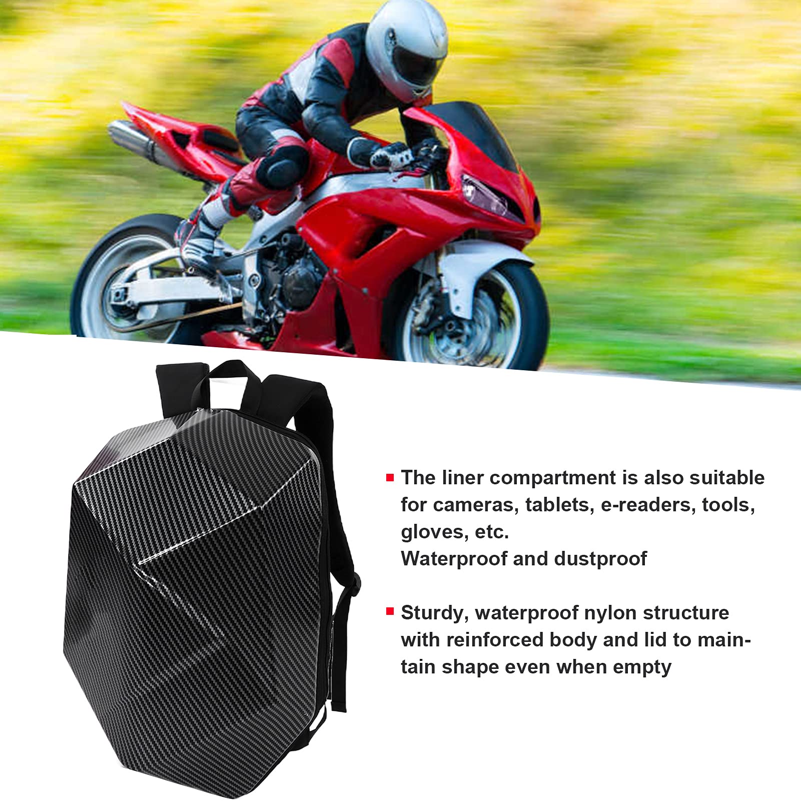 Zaino da Moto in Stile Fibra di Carbonio con Borsa per Sedile Posteriore Espandibile in ABS Impermeabile per Ciclismo All'aperto, Campeggio, ecc.