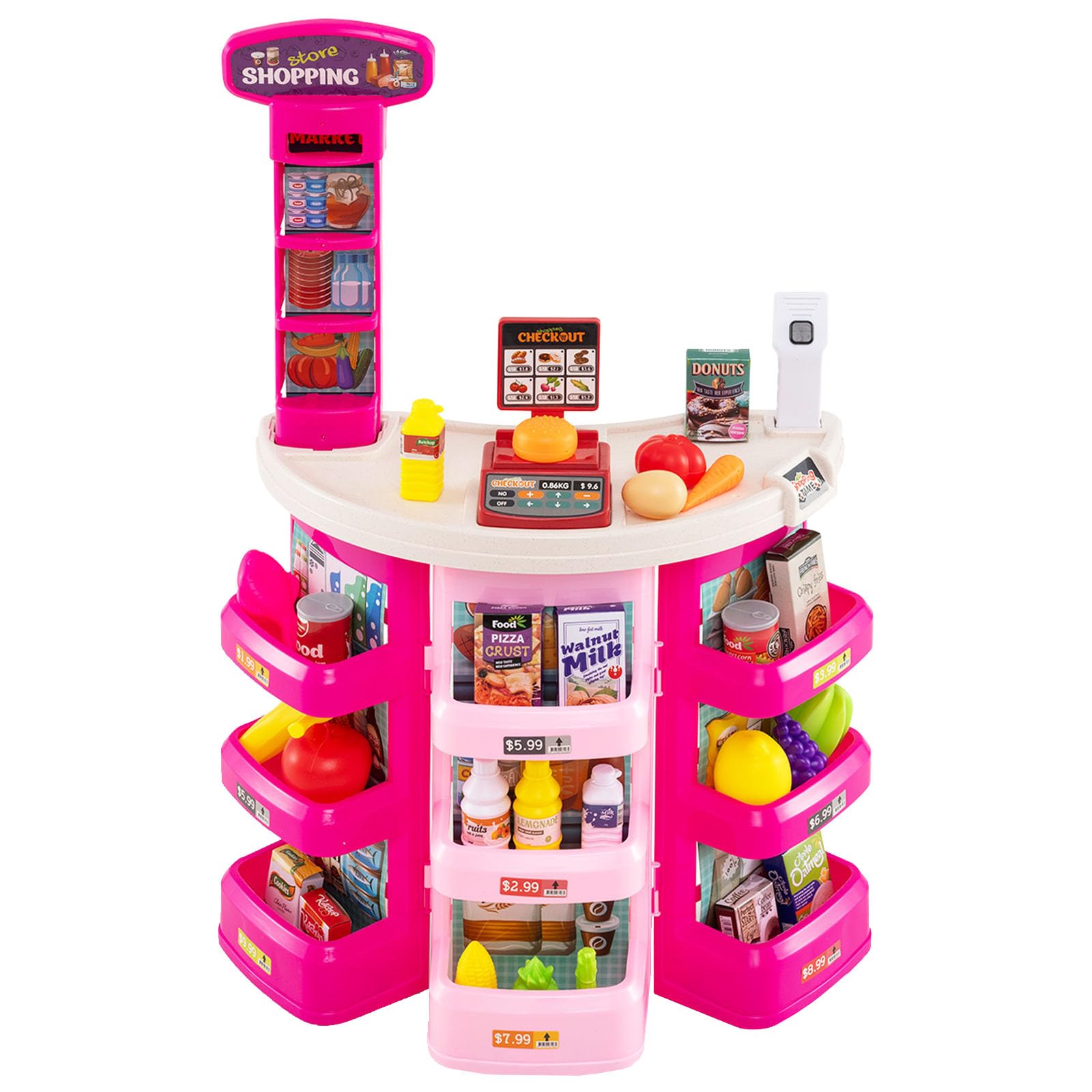 Supermercato per Bambini con Banco, Carrello della spesa e Cestino, Bilancia Simulata, Cassa con Effetti di Luce e Suono, Supermercato Giocattolo con 76 Accessori per Bambini 3+ Anni (Rosa)