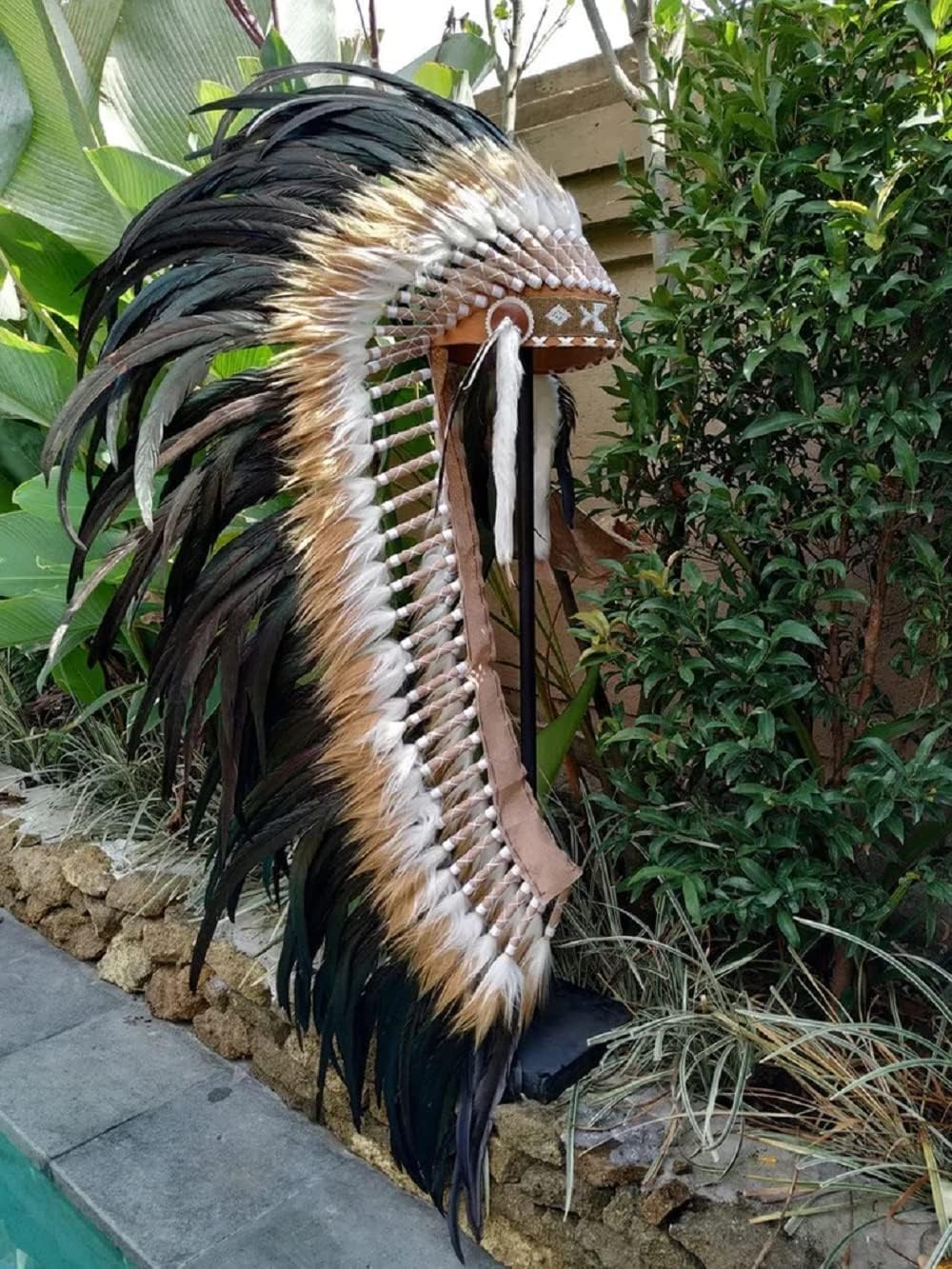 Extra Large Natural rooster Feather Headdress with white and brown hair (43 inch long)