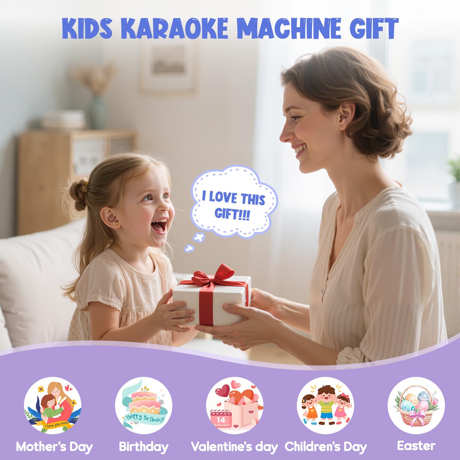 Machine de karaoké pour Enfants et Adultes, Jouets pour Enfants de 3 à 12 Ans, Cadeaux d'anniversaire pour Filles, Enceinte Bluetooth Portable avec 2 Microphones, Cadeau pour Filles (Violet)