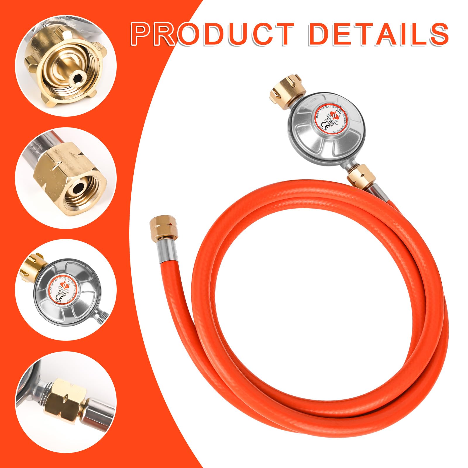 Regulador de Presión de Gas Rzspher 50 mbar, Manguera de Gas de 150 cm, Rosca Macho LH -19 de 1/4 Pulgada, Regulador de Presión de Gas de Baja Presión para Barbacoas a Gas para Camping, Picnics