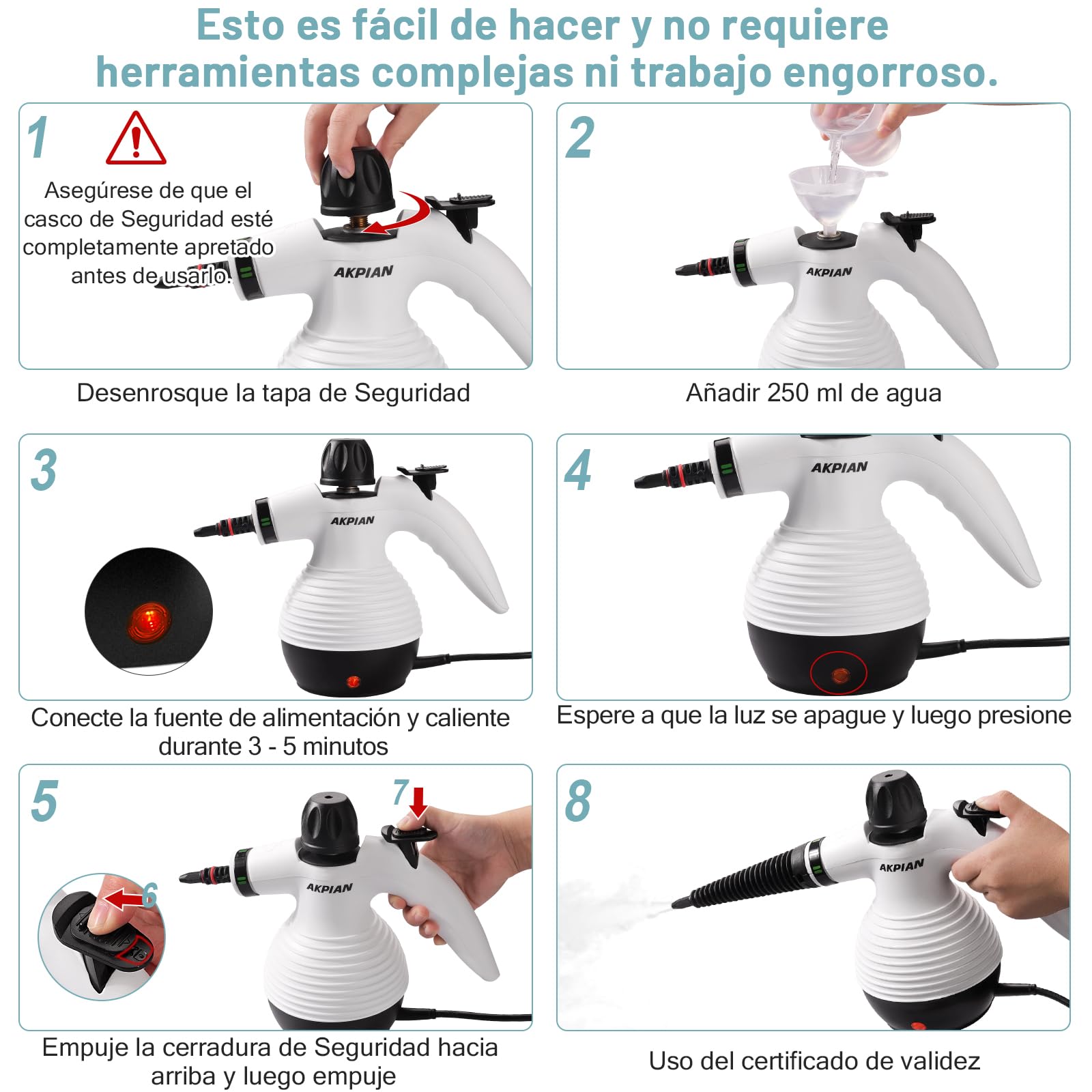 Limpiador de Vapor Manual 1050W – Multifuncional con Set de 10 Accesorios – Limpieza sin Químicos para Juntas de Azulejos, Cocina, Ventanas, Bañera, Plato de Ducha, Tapicería de Coche y Selladores