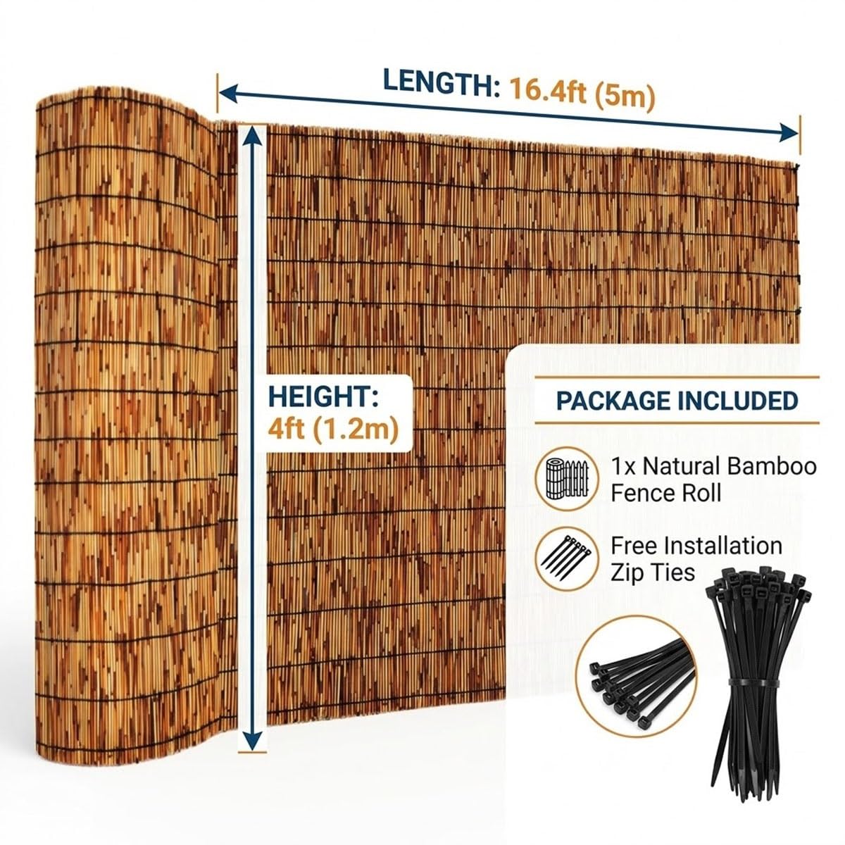 Canisse en Roseau Naturel 1,2x5m, Brise-Vue pour Balcon, Jardin et Terrasse, Panneau de Clôture Décorative avec Attaches, Protection Intimité et Pare-Soleil, Aspect Bambou(1.20mx5.0mx1pack)