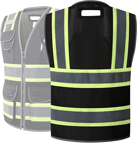 Miniatura 2 de JKSafety Chaleco de seguridad de malla negra de alta visibilidad con 11 bolsillos para hombres y mujeres, construcción reflectante de alta