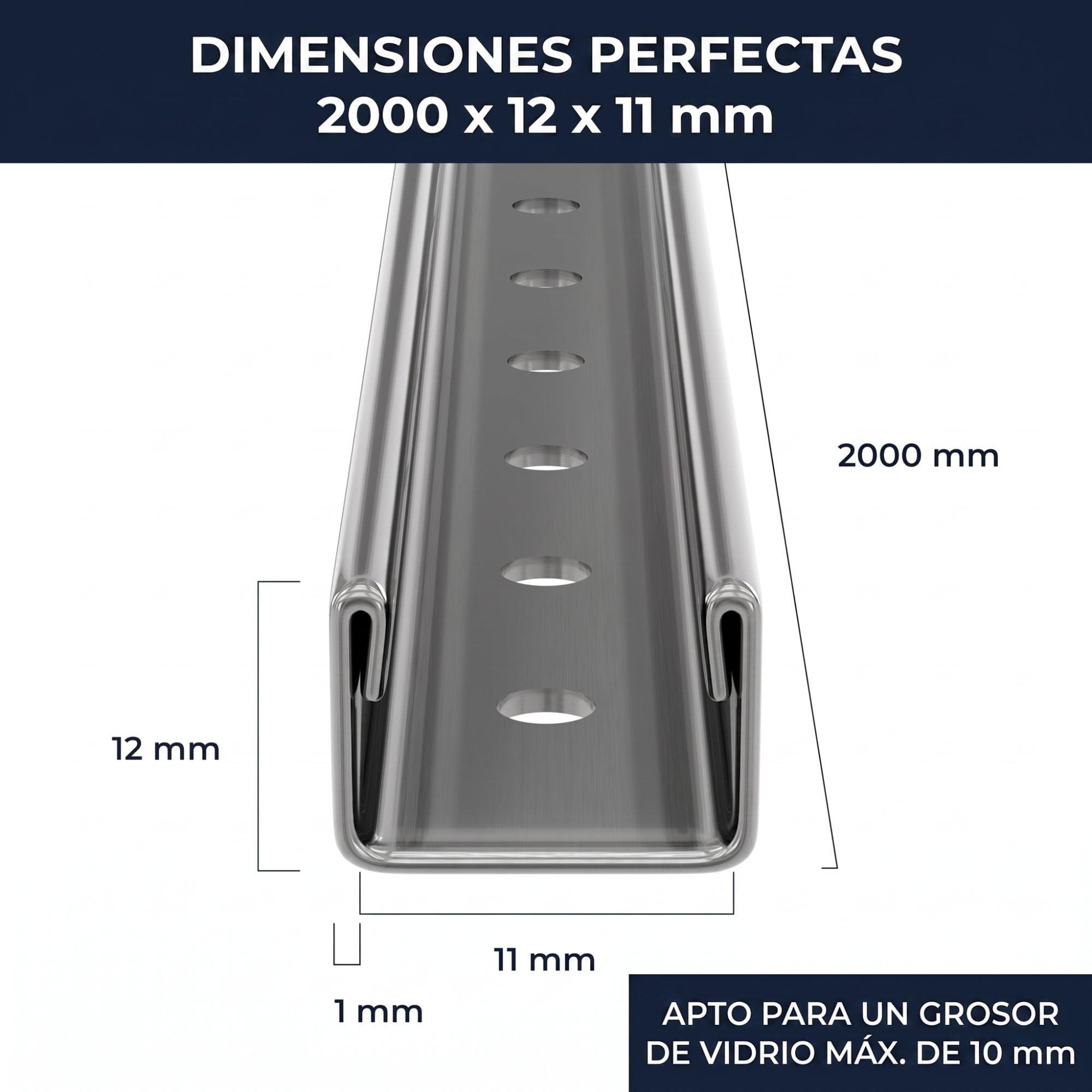 Perfil de conexión a pared con guía de cristal 200cm x 12mm x 11mm